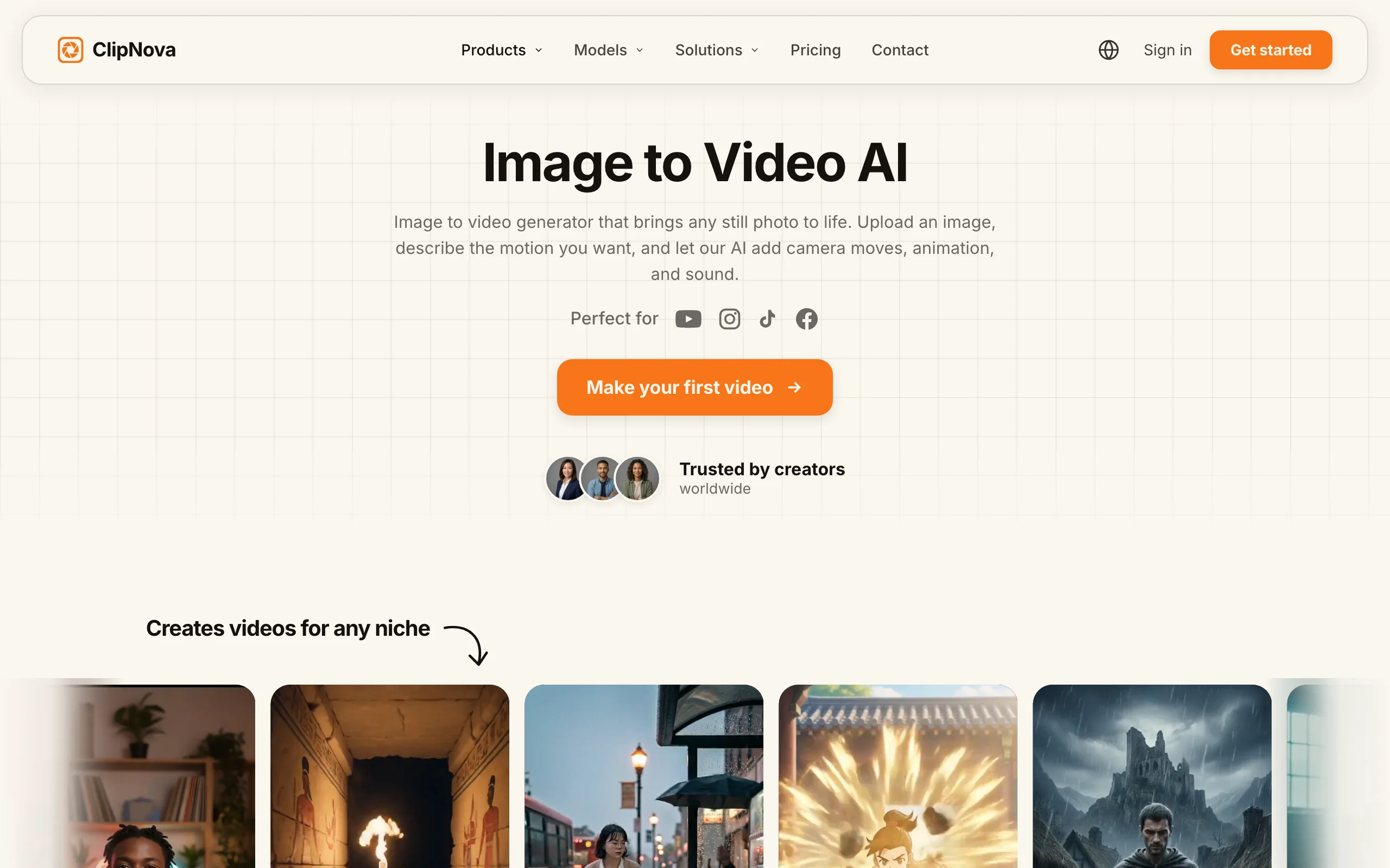 Best AI tools to animate a photo into video: ClipNova's image to video AI page with example clips