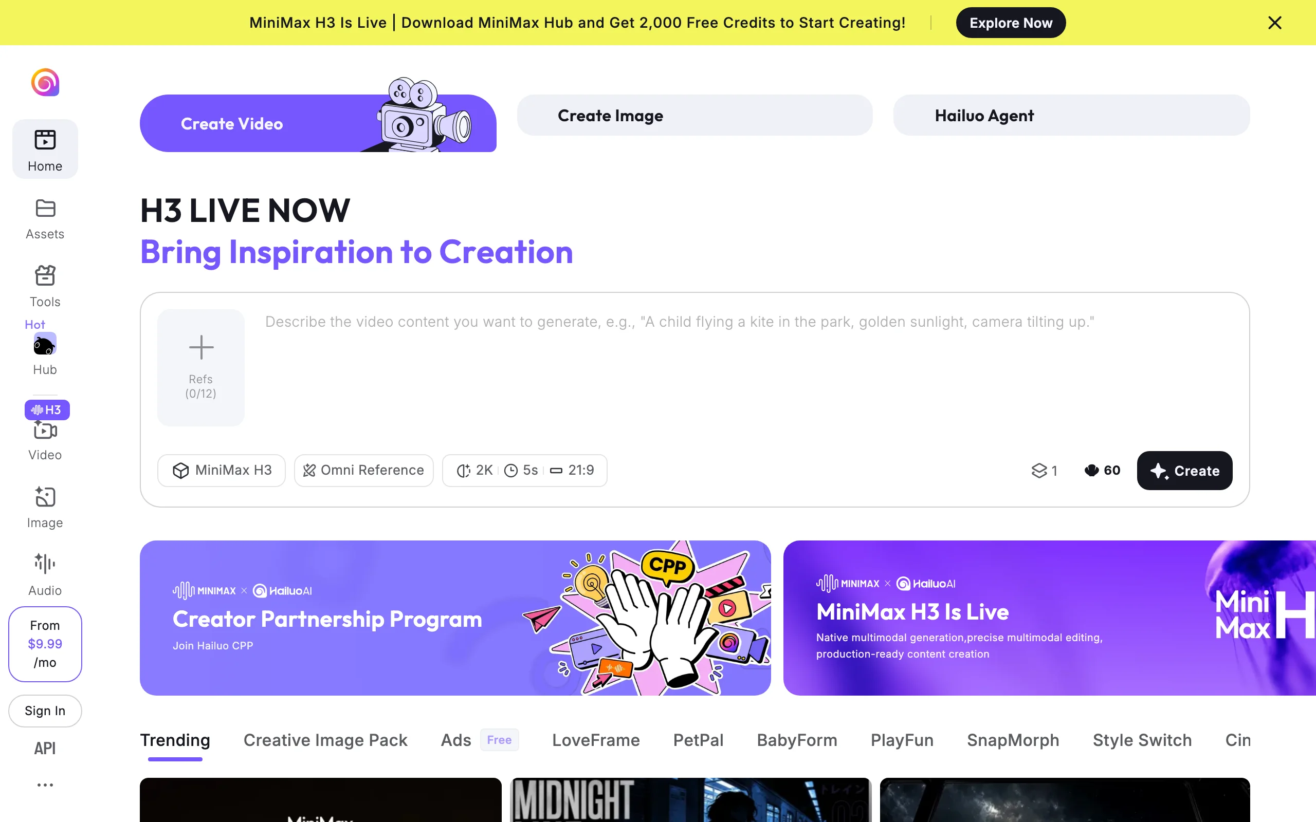Hailuo MiniMax H3 video creation page, a budget AI claymation generator with native audio