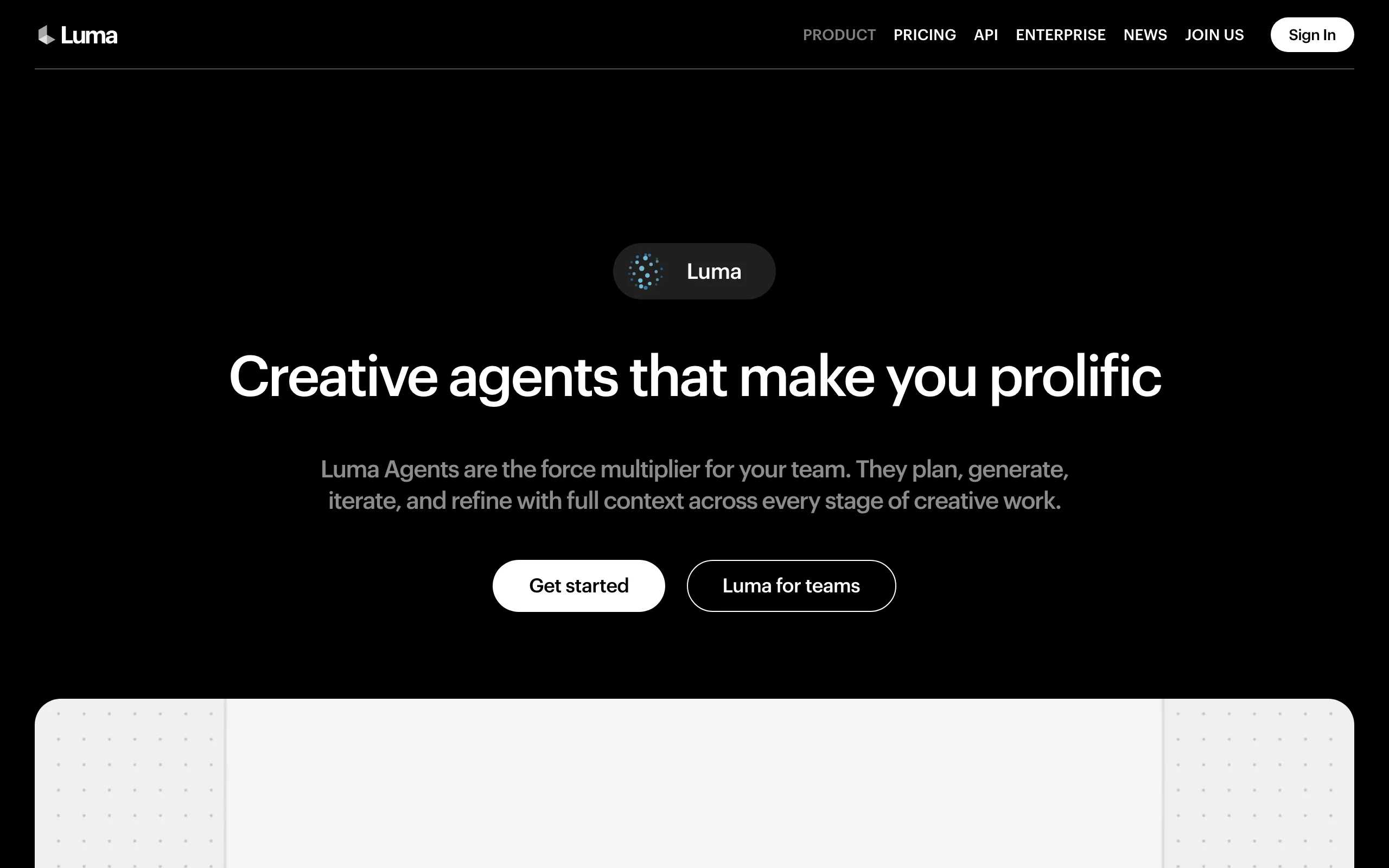 Luma homepage, the maker of the Dream Machine photo animation model