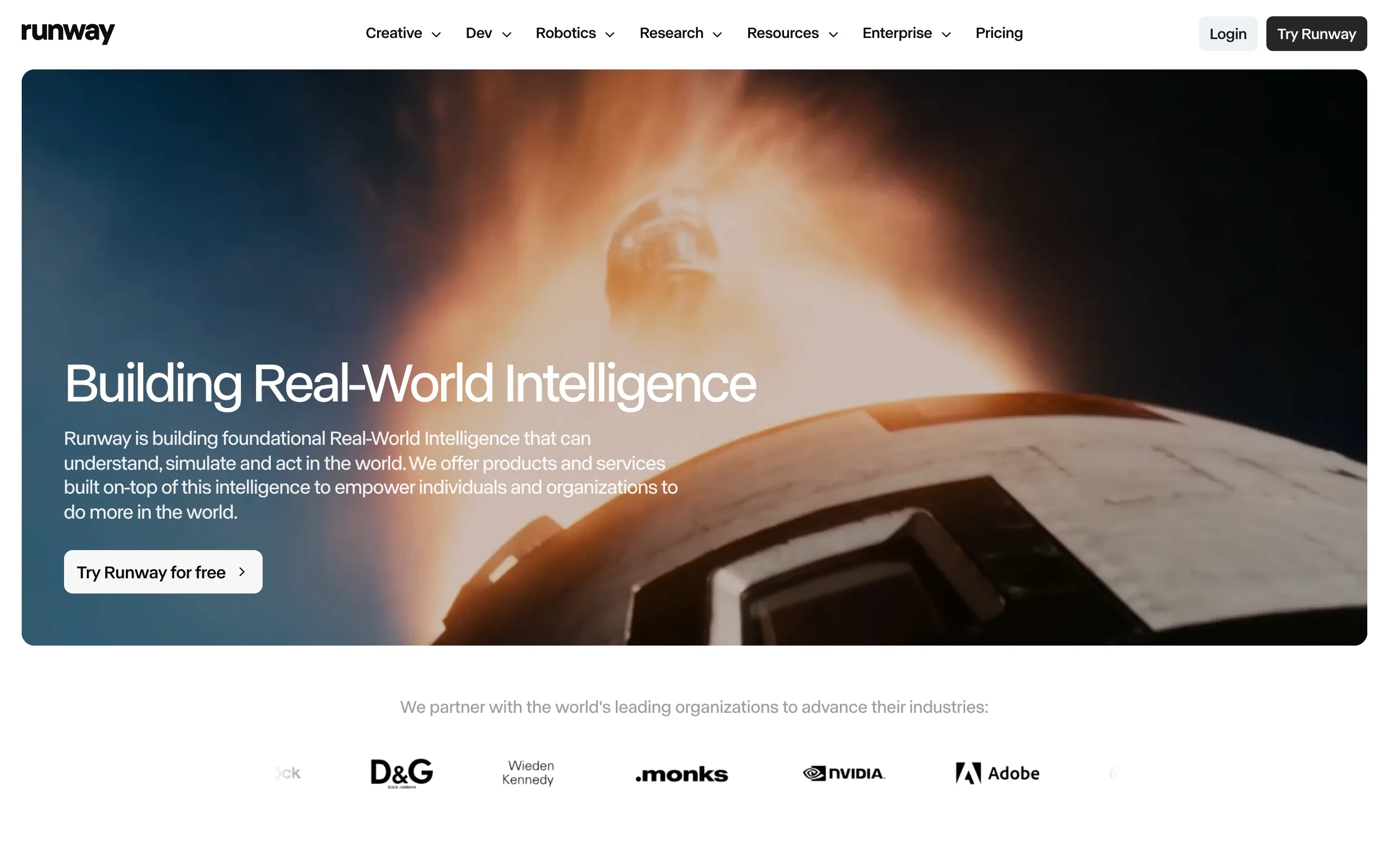 Runway homepage, an AI photo to video tool for cinematic, directed motion