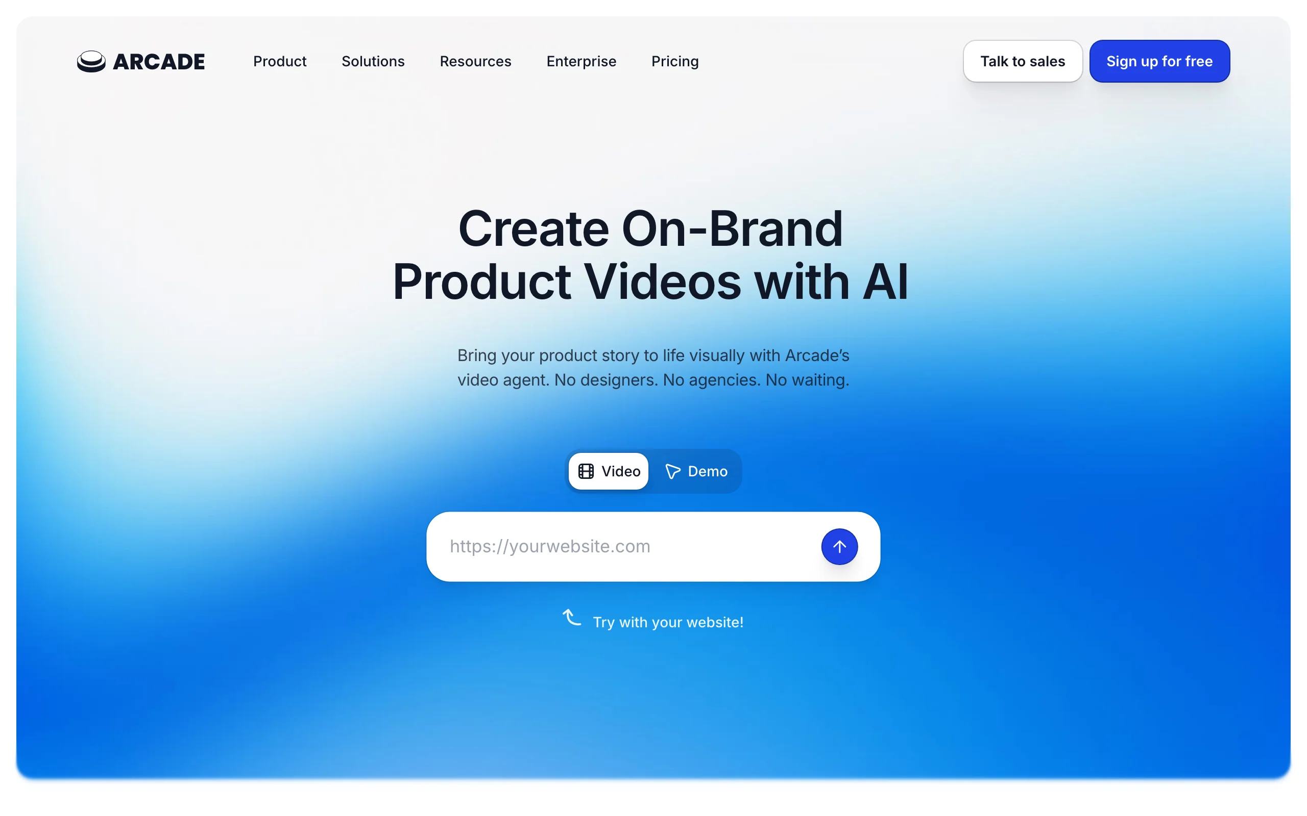 Arcade homepage inviting you to create on-brand product videos with AI from a website URL