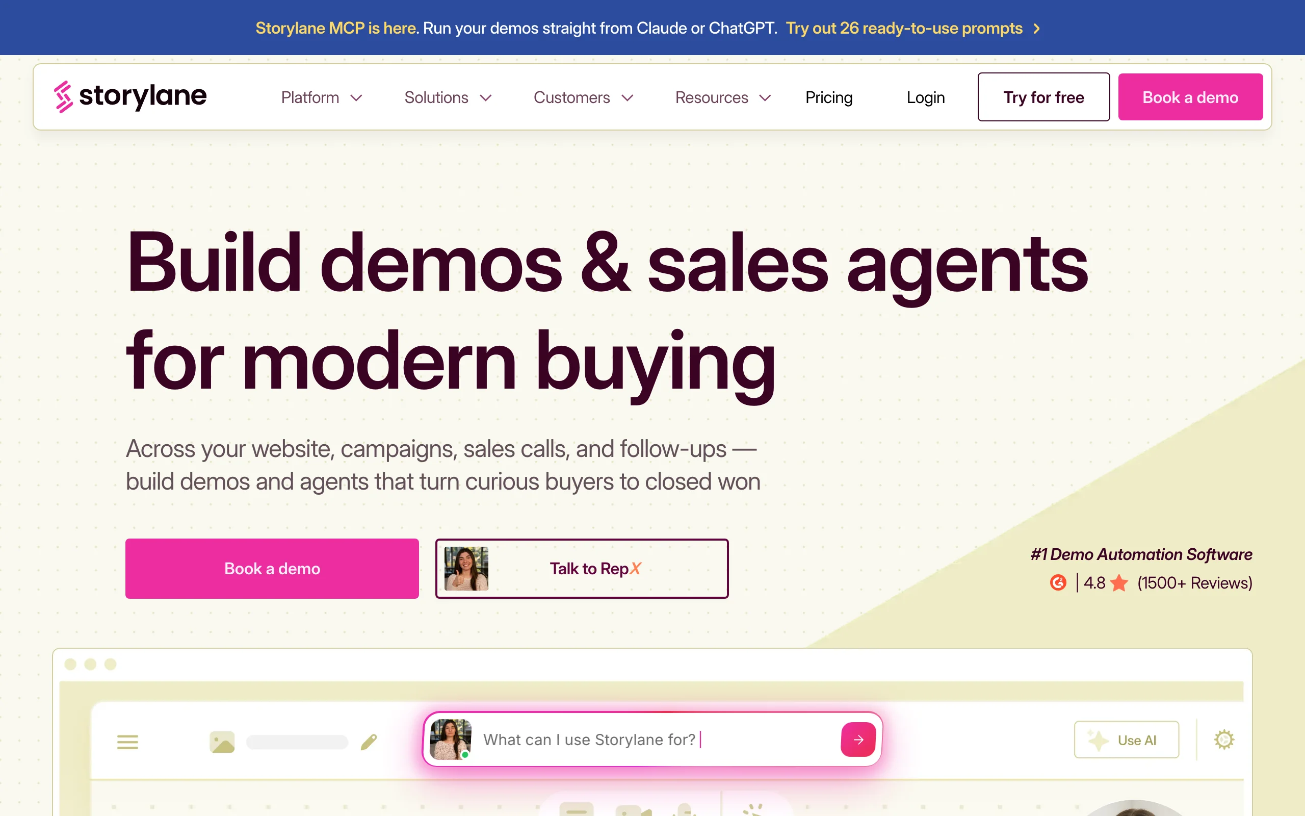 Storylane homepage for building demos and sales agents, an interactive demo software tool