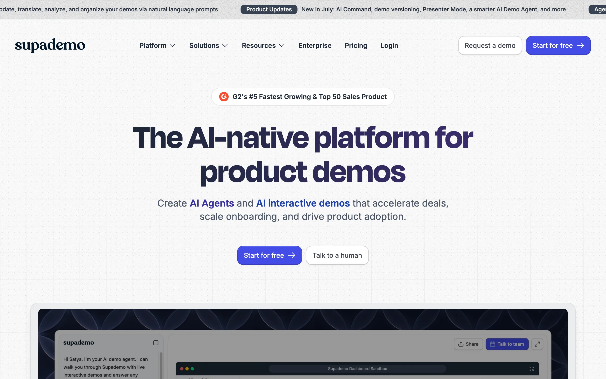 Supademo homepage, an AI-native platform for interactive product demos
