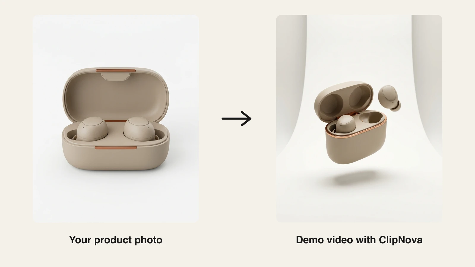 Best AI product demo maker: a wireless earbuds product photo turned into a demo video with ClipNova