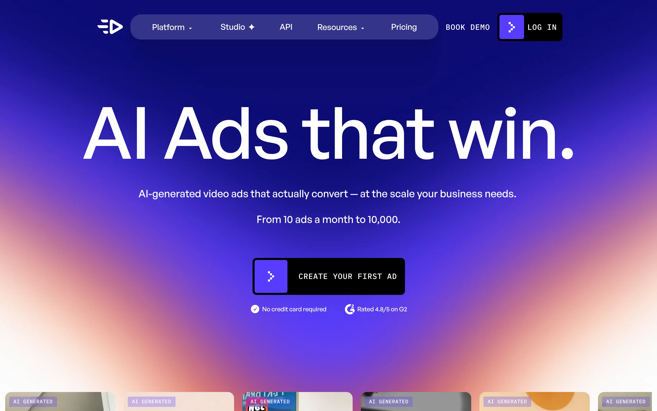 Creatify homepage, an AI video ad maker promising ads from 10 to 10,000 a month