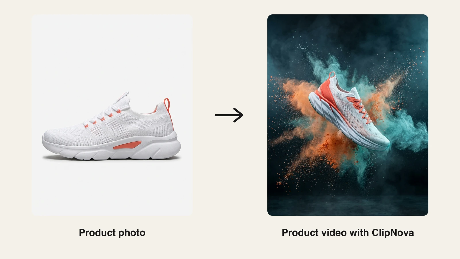 AI product video generator: a white sneaker photo turned into a ClipNova ad frame bursting through colored powder