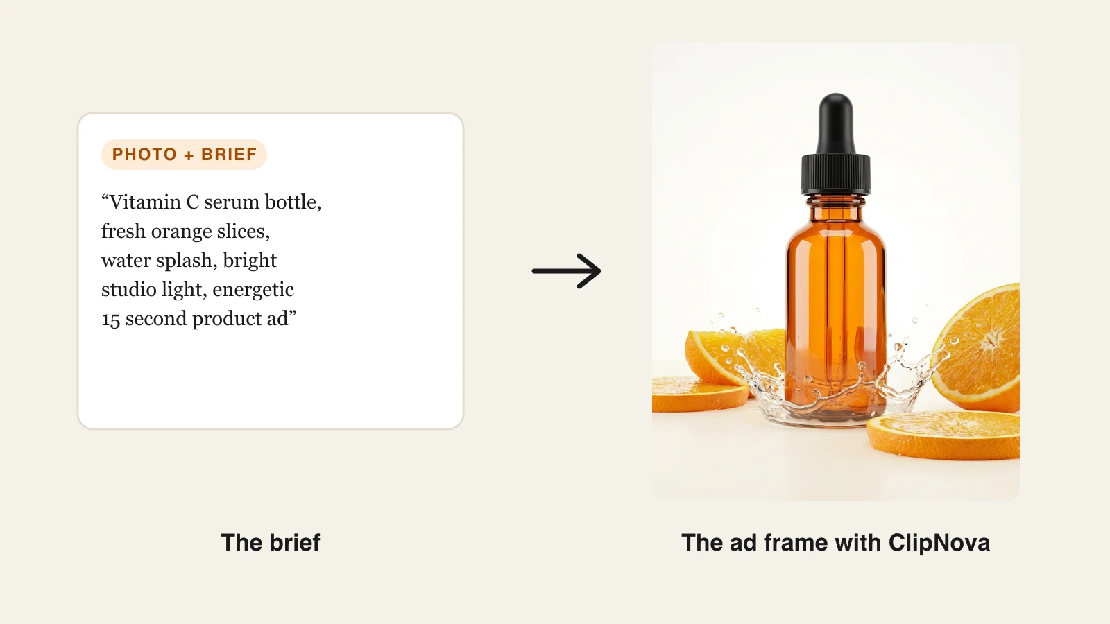 ClipNova product photo to video brief for a vitamin C serum and the studio ad frame it made