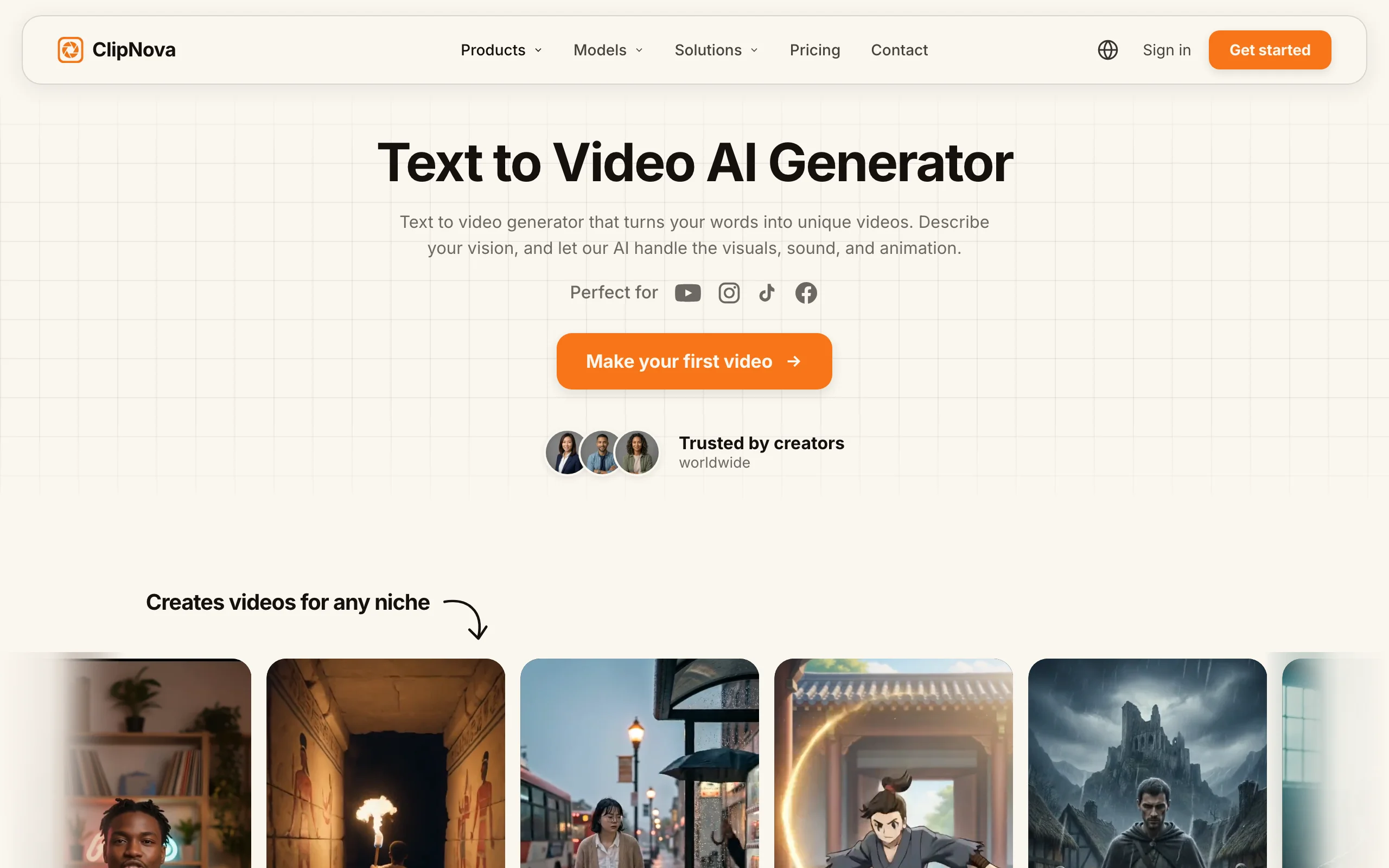 AI stop motion video generator ClipNova, its text to video page with example clips for many niches