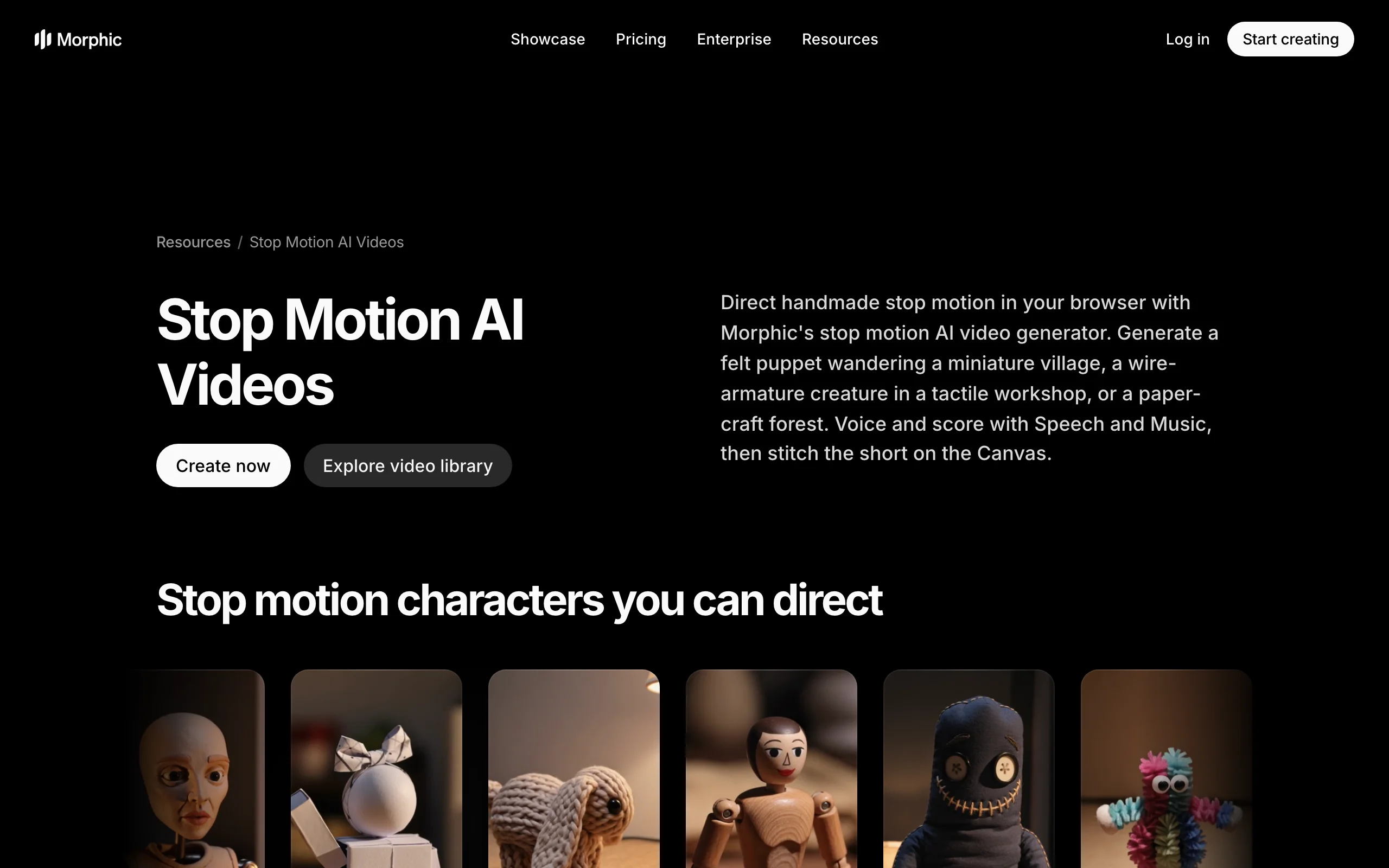 Morphic stop motion AI videos page with felt, wire and wooden puppet characters to direct