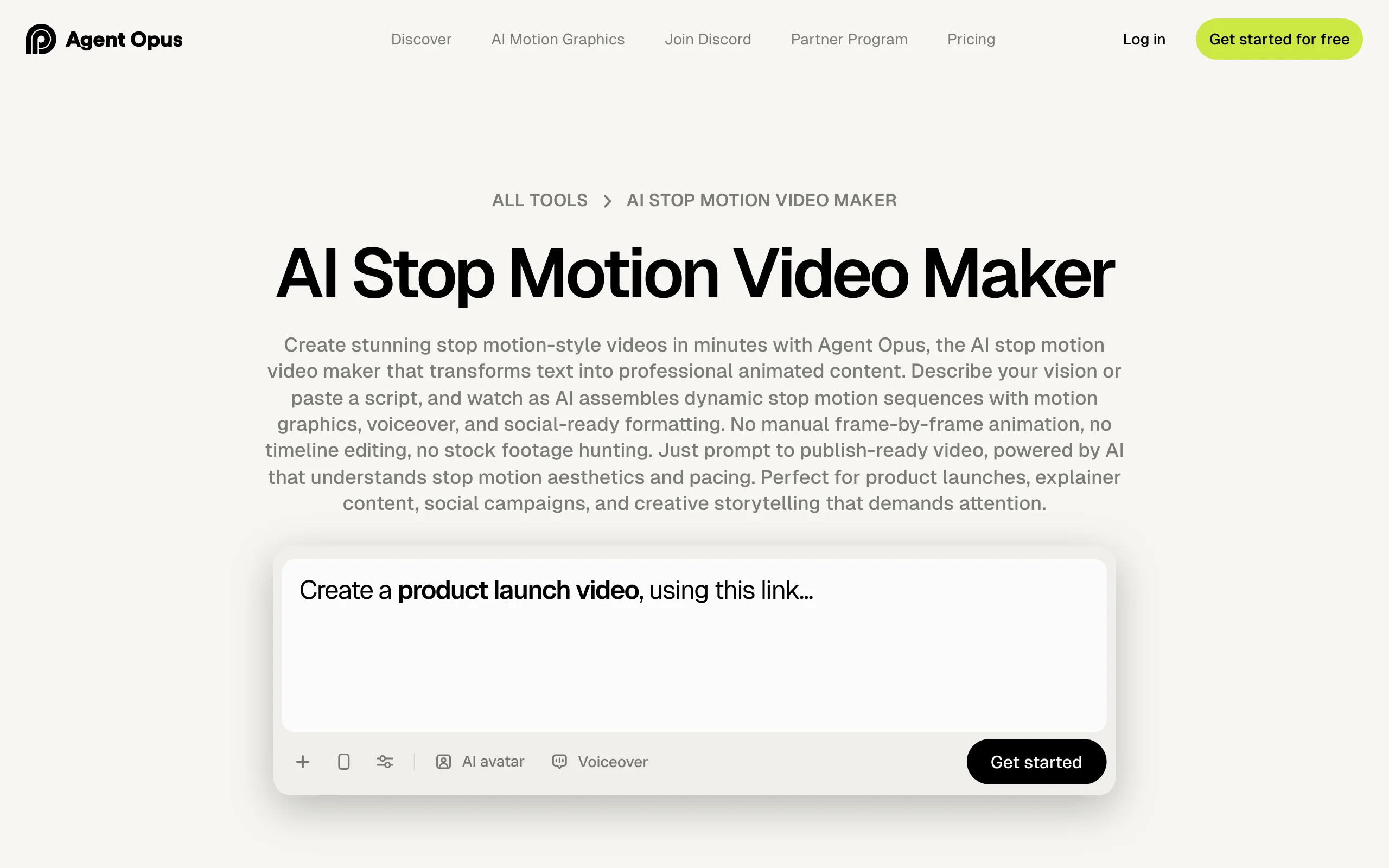 Agent Opus AI stop motion video maker page with a prompt box for a product launch video