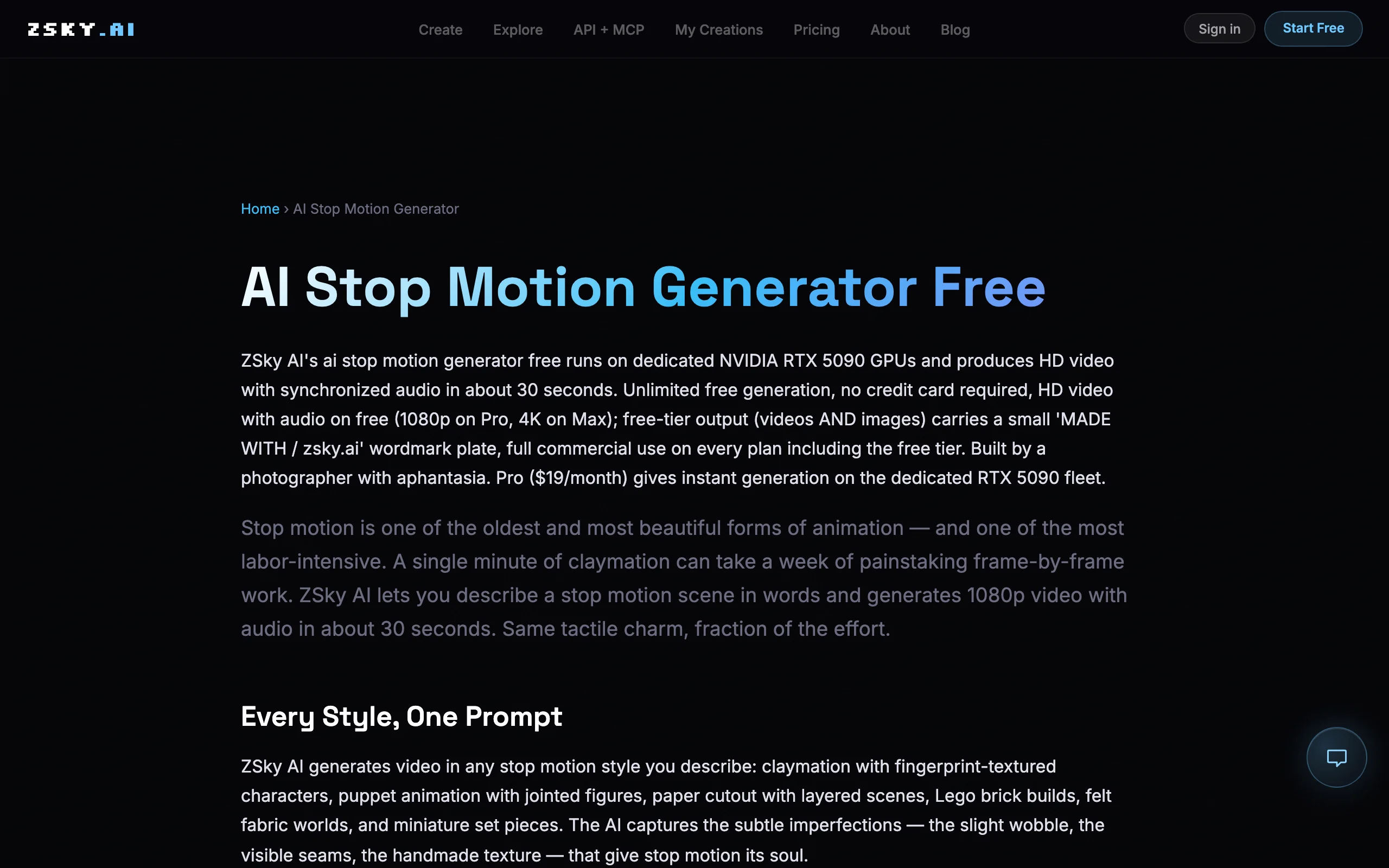 ZSky AI stop motion generator page describing claymation, puppet, paper cutout and brick styles