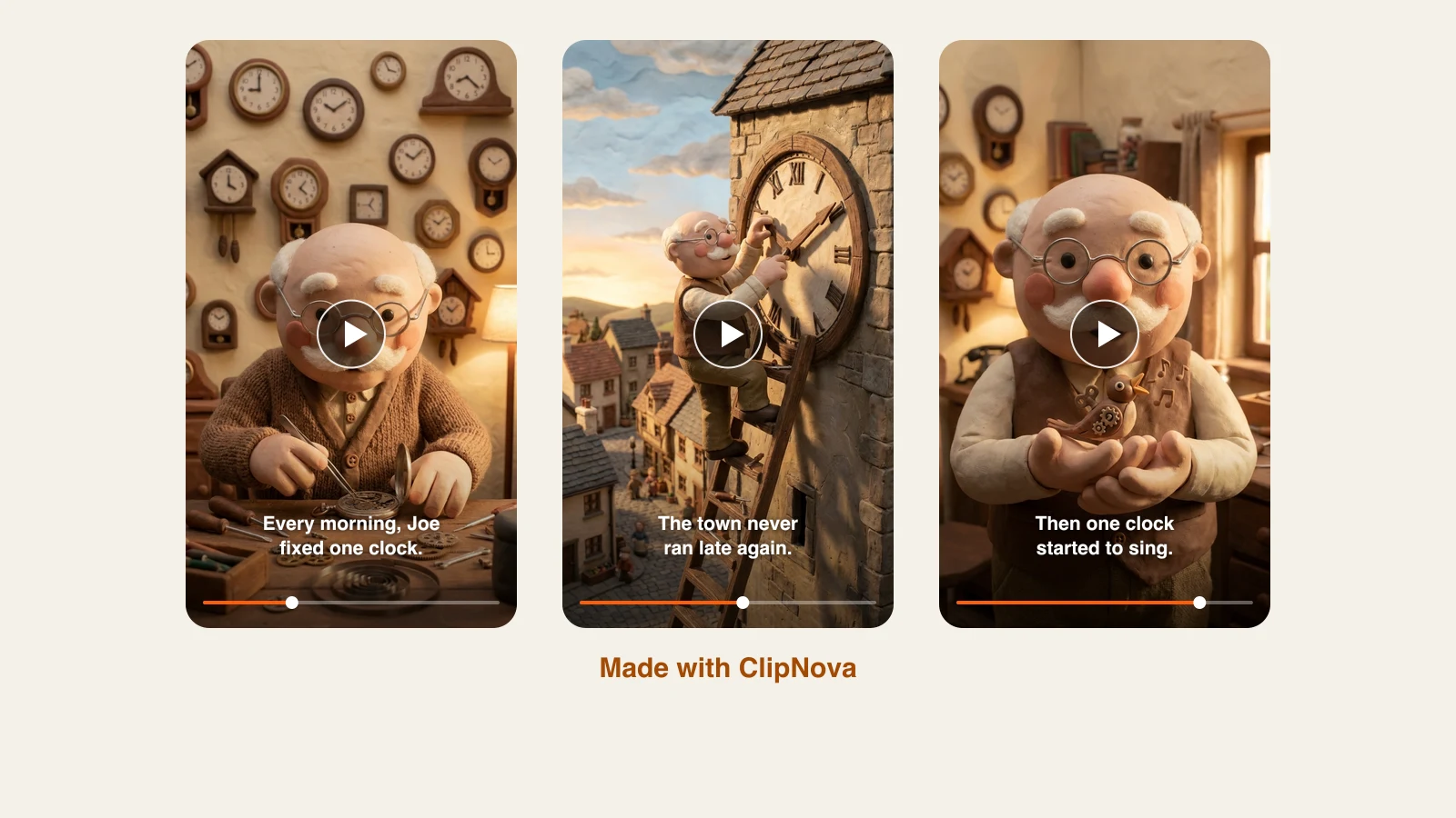 AI stop motion video generator: Joe the claymation clockmaker at his bench, on the clock tower and with a singing bird, three scenes made with ClipNova