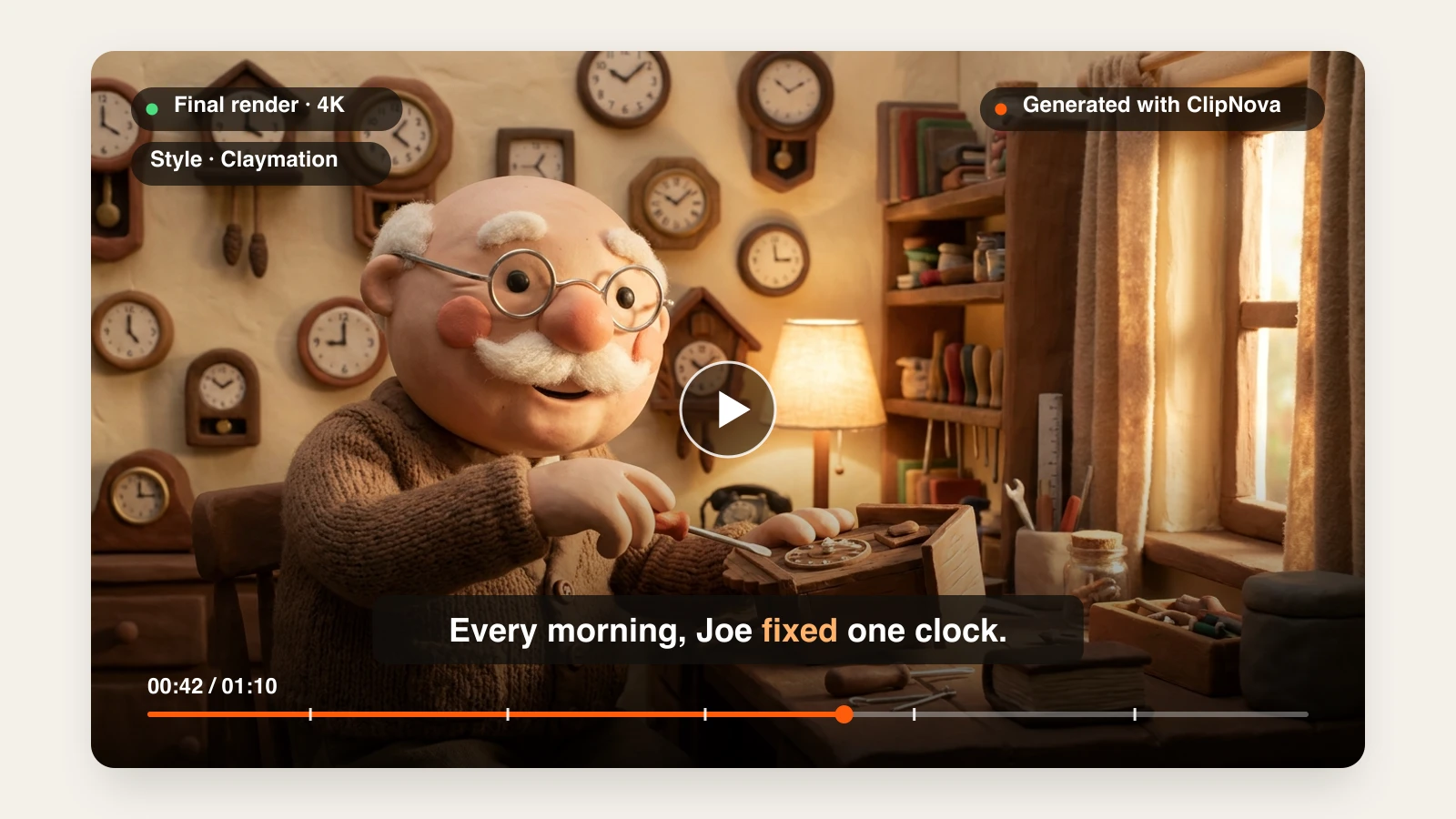 AI stop motion video generator: a ClipNova claymation clip of a clay grandfather fixing a cuckoo clock in his workshop