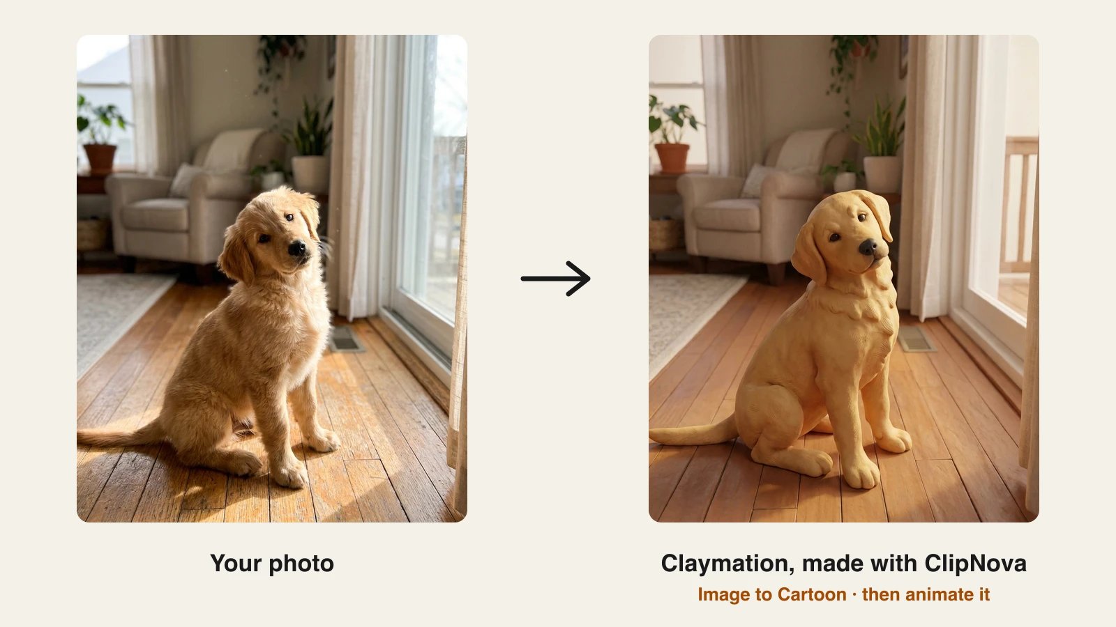 ClipNova Image to Cartoon claymation style turning a golden retriever puppy photo into a clay figure