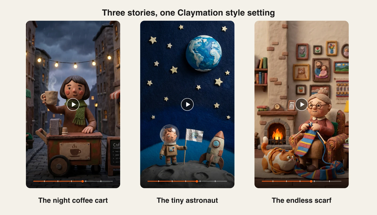 Three AI claymation videos from ClipNova: a night coffee cart, a tiny astronaut, and a grandmother knitting a scarf