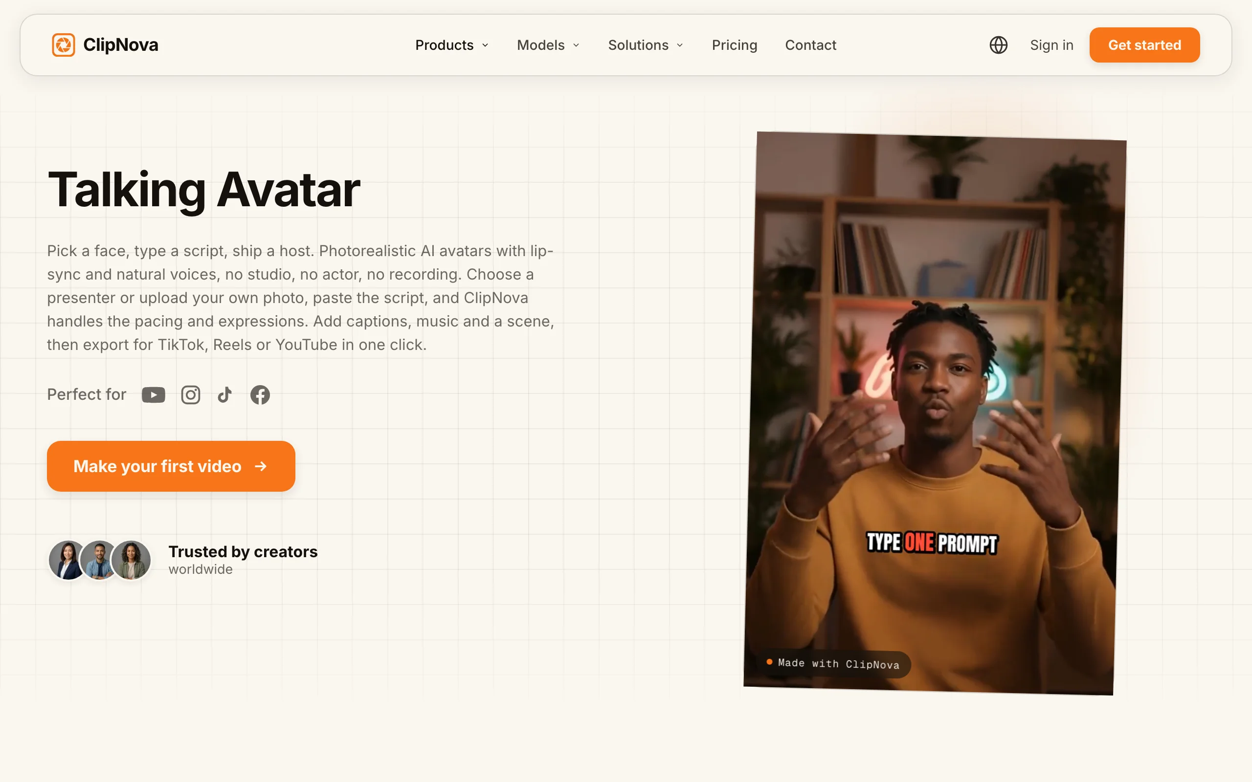Best AI talking avatar generator ClipNova, its Talking Avatar page with a presenter clip made in ClipNova
