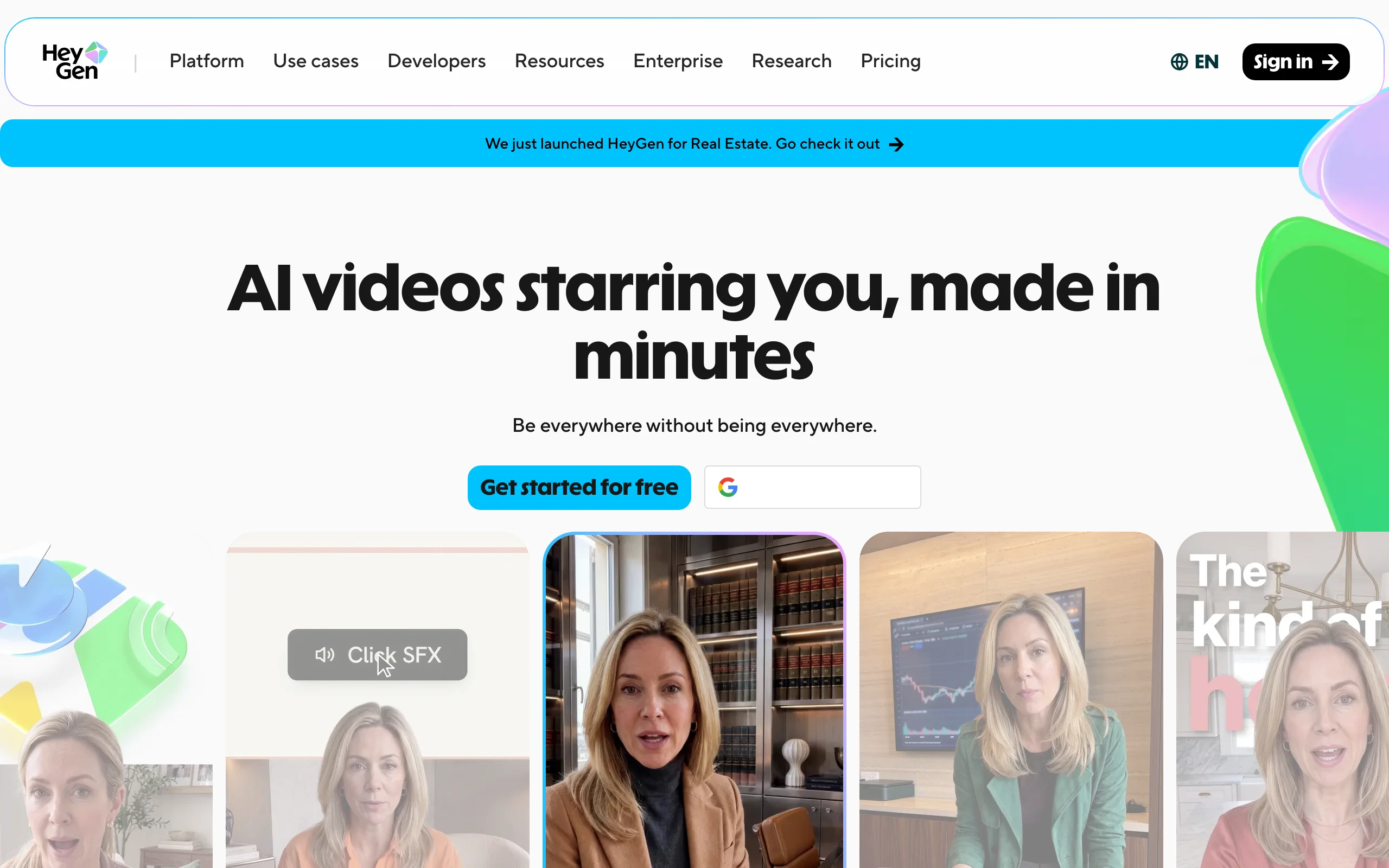 HeyGen homepage with AI presenter clips, a realistic custom avatar generator