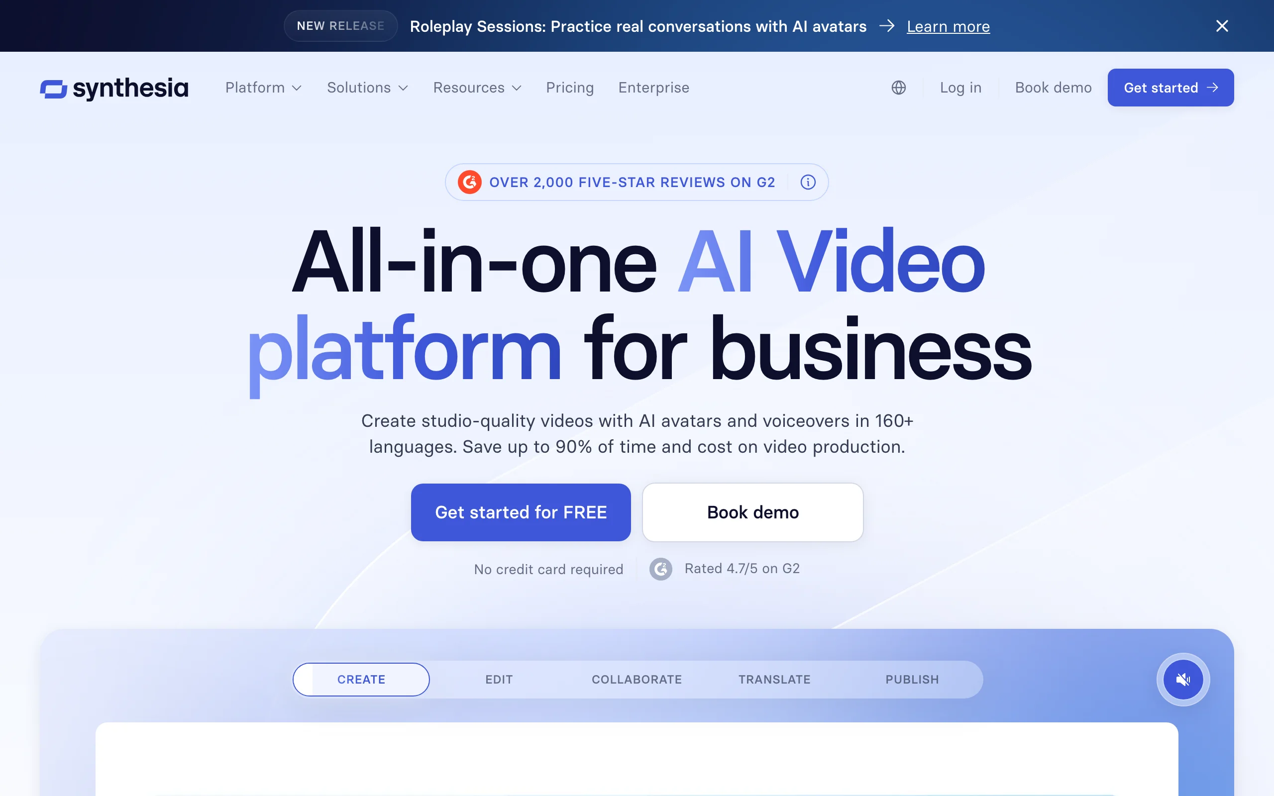 Synthesia homepage, an AI presenter video platform for corporate training