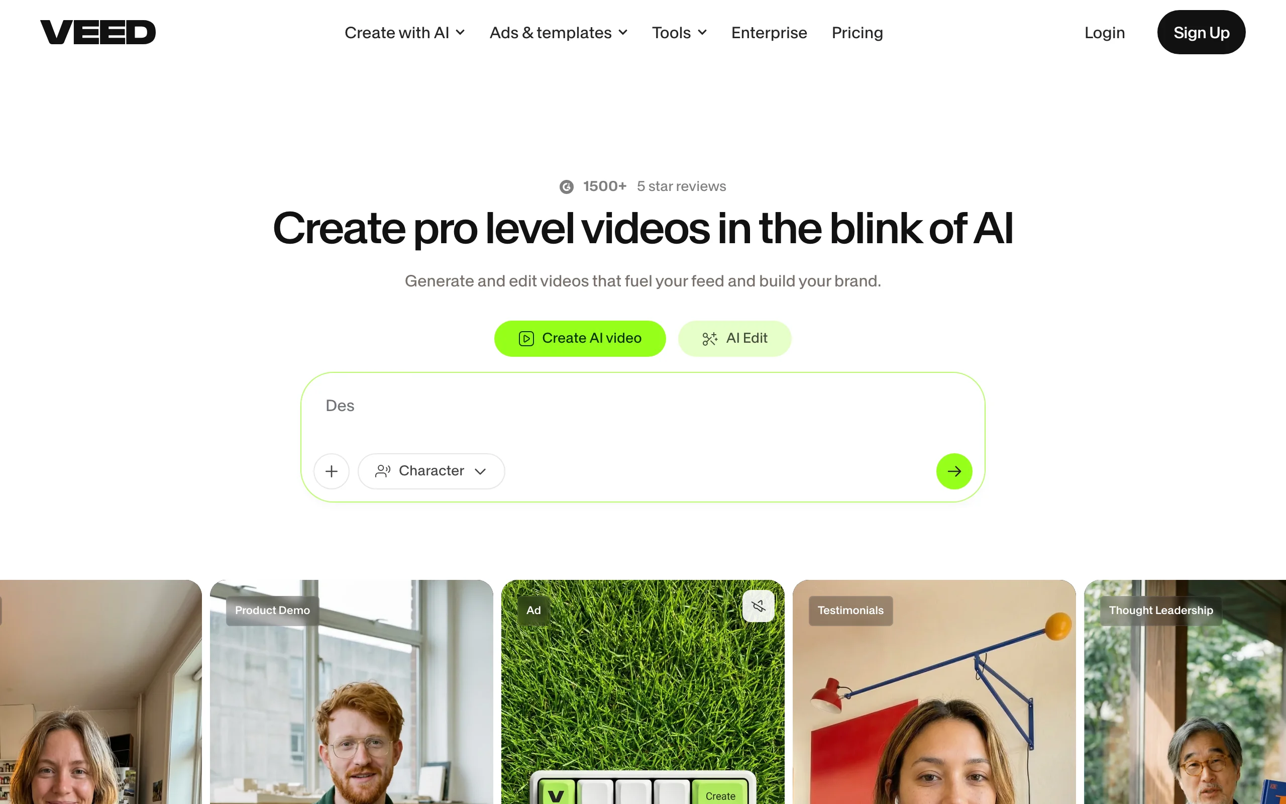 Veed homepage with a character prompt box, a browser video editor with AI avatars