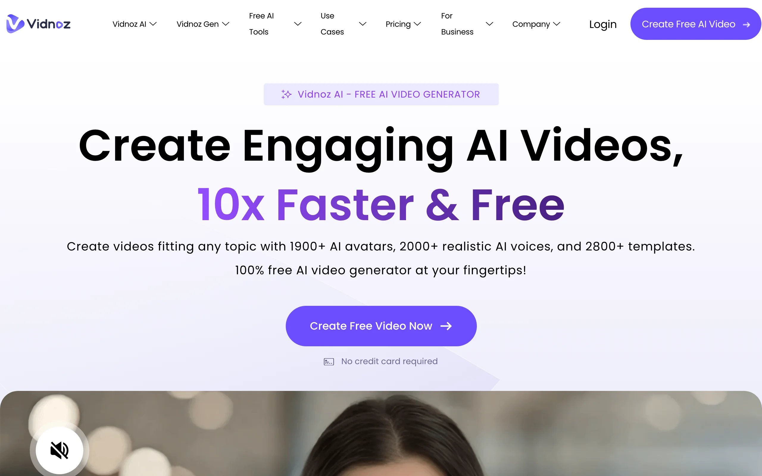 Vidnoz AI homepage, a budget AI avatar video generator with a large avatar library