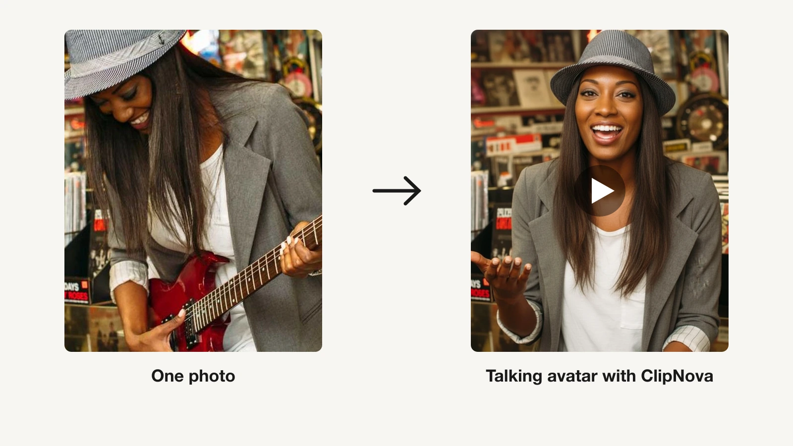 Best AI talking avatar generators: a casual guitar snapshot of a woman turned into a talking presenter by ClipNova
