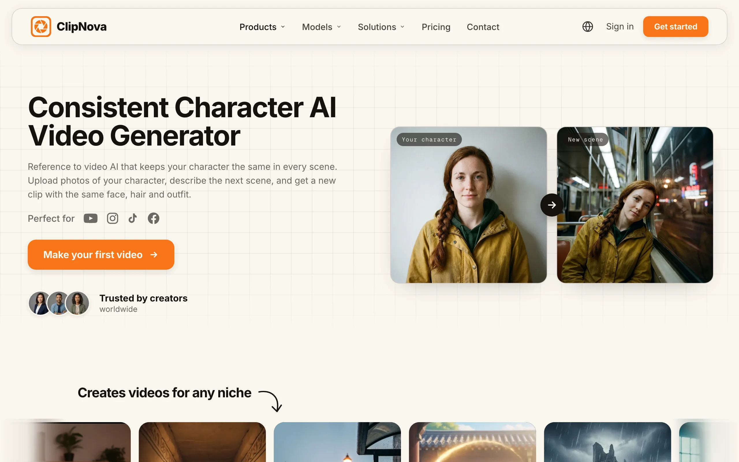 Consistent character AI in ClipNova, the Consistent Character AI Video Generator page with a character photo and the same woman in a new scene