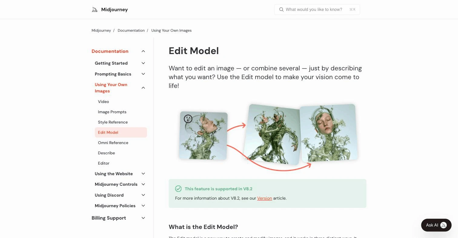 Midjourney Edit Model documentation, the reference image method for consistent characters in V8.2