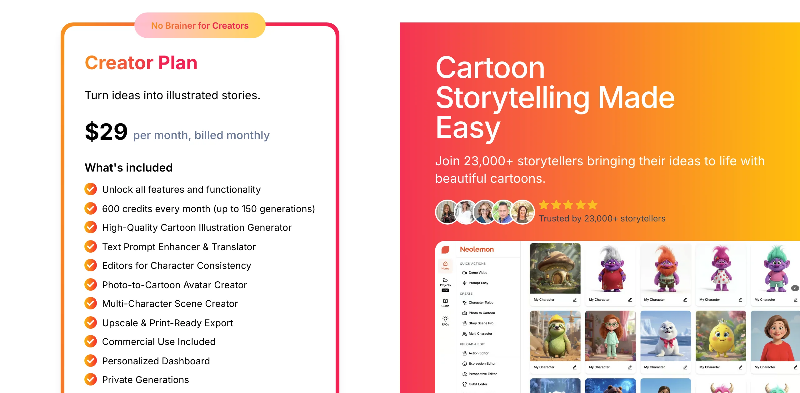 Same cartoon character on every page with Neolemon: its pricing page for children's book creators