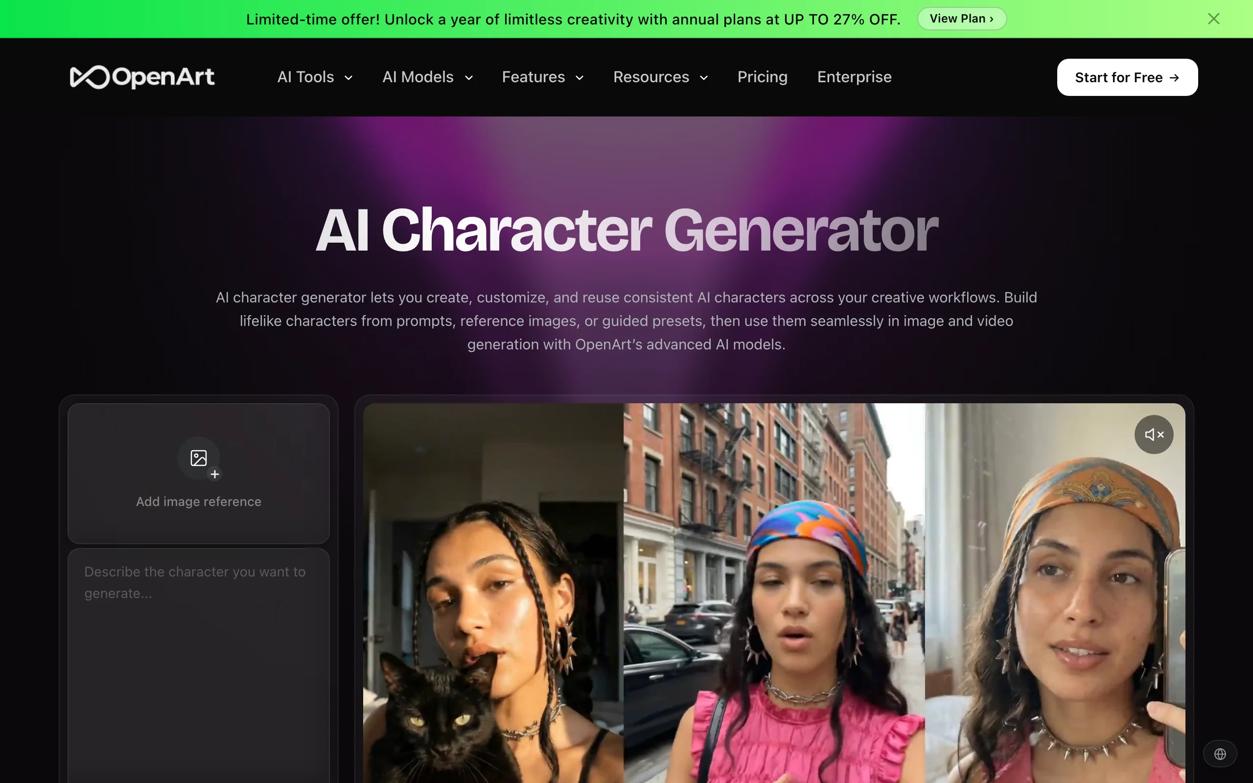 OpenArt AI Character Generator page for creating and reusing consistent characters across images and video