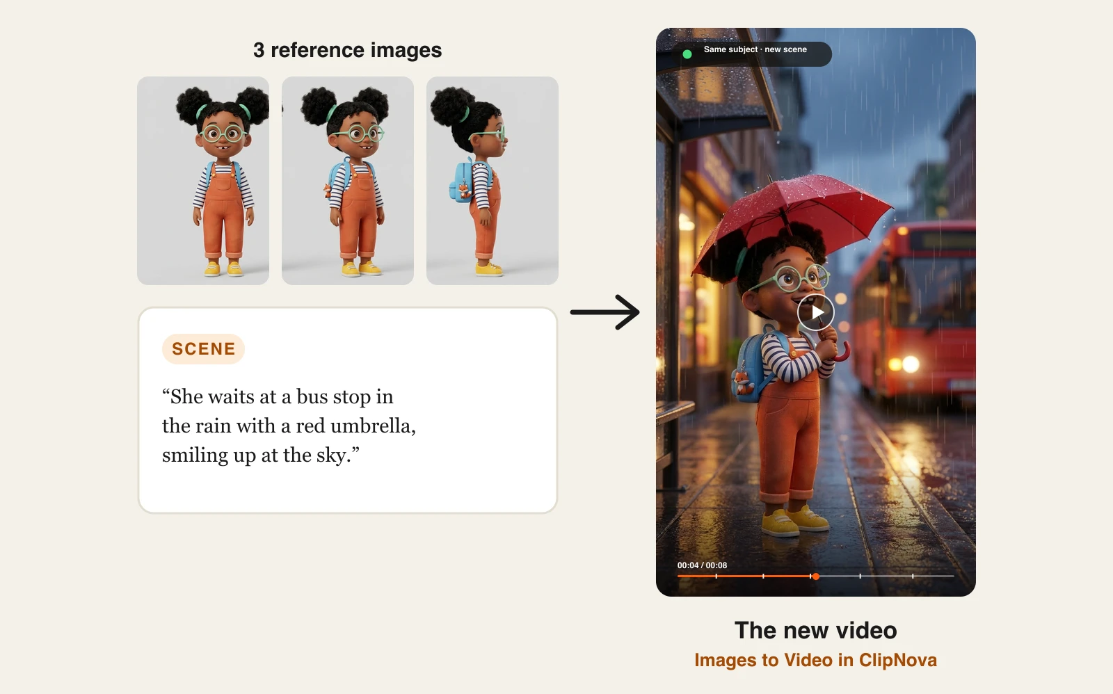 Character consistency AI example: three reference images of Nia turned into a vertical ClipNova video at a rainy bus stop