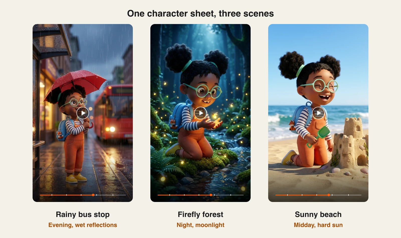 Same character AI test in ClipNova: Nia in three scenes, a rainy bus stop, a firefly forest and a sunny beach