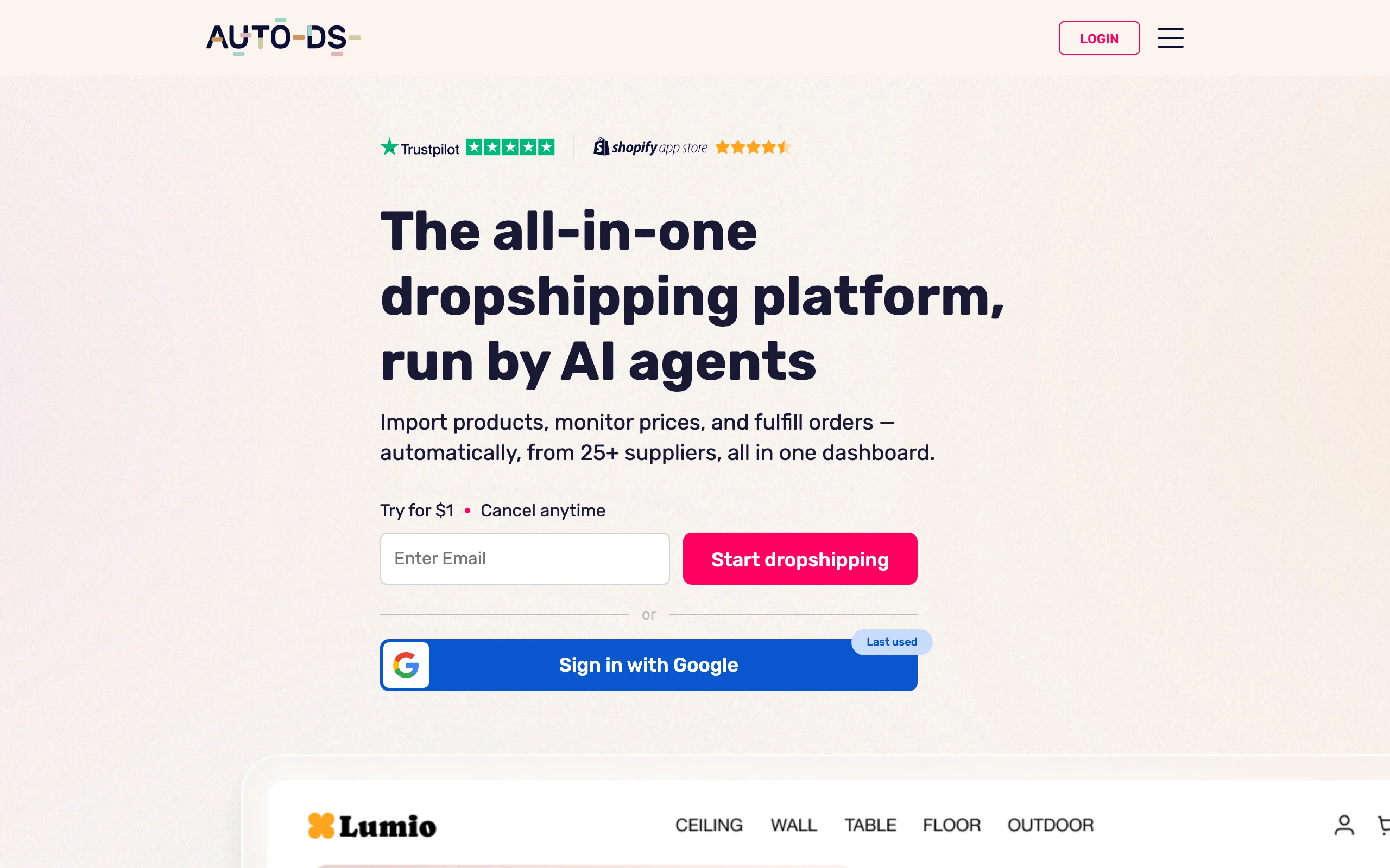 AutoDS homepage, an AI ecommerce tool for dropshipping product imports and order fulfillment