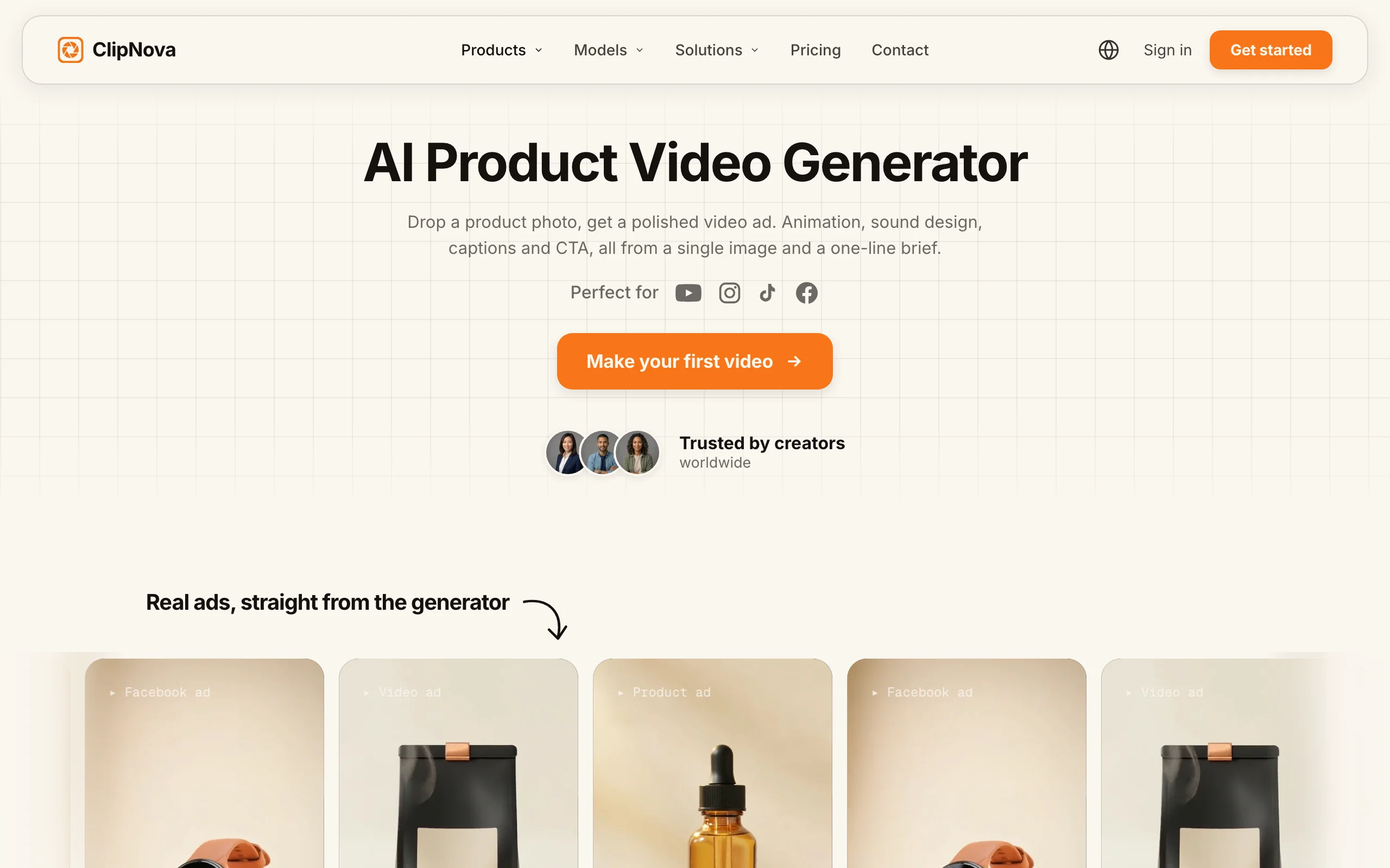 Best AI tools for ecommerce pick ClipNova, its AI Product Video Generator page with real store ad examples