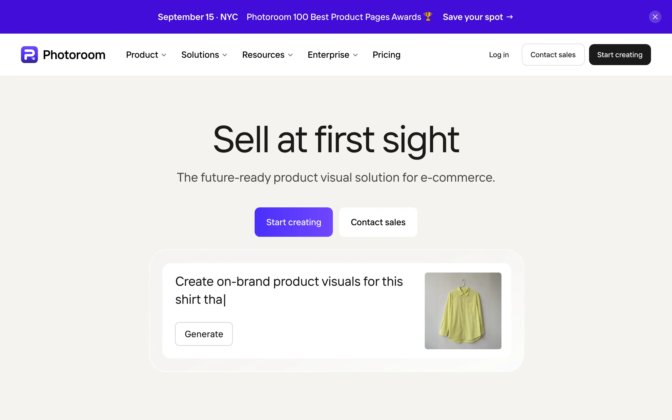 Photoroom homepage generating on-brand product visuals for a yellow shirt
