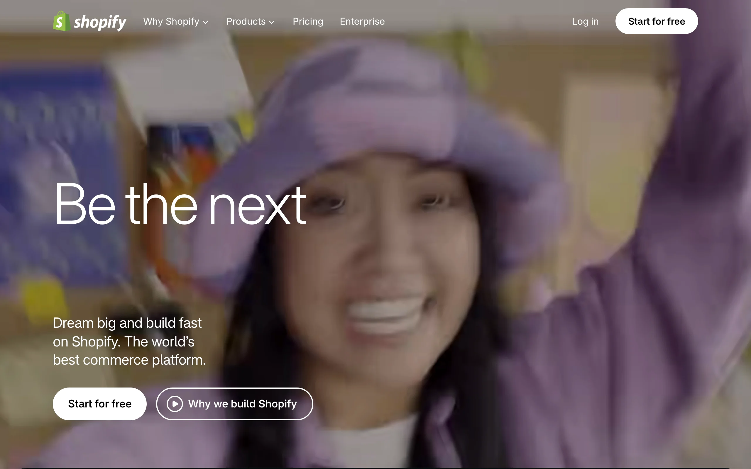 Shopify homepage inviting merchants to build their store, home of the Shopify Magic AI tools