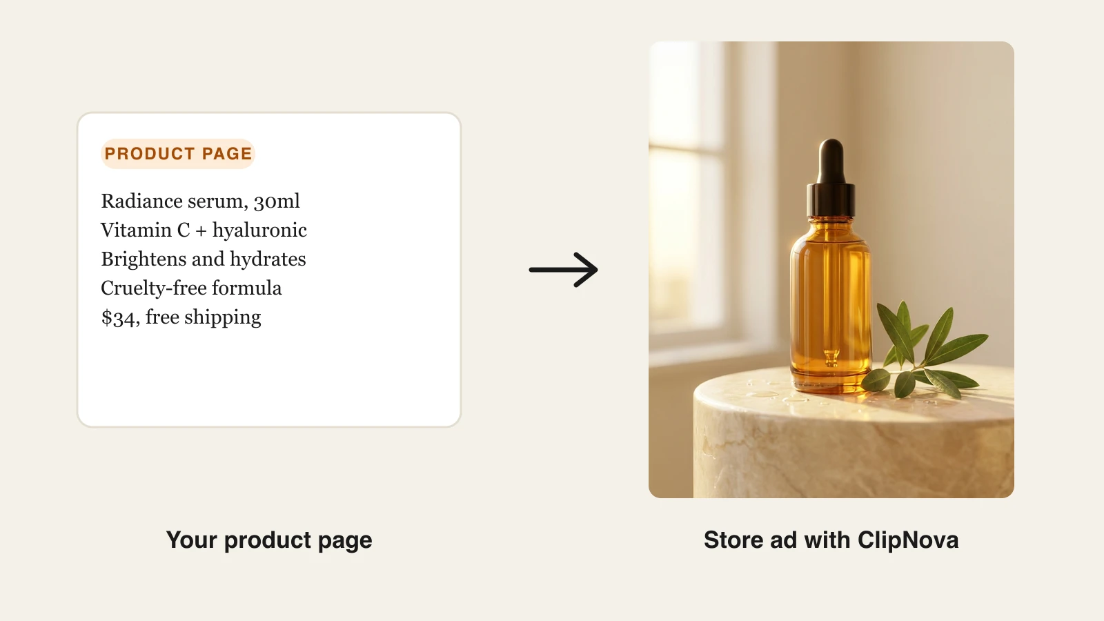 Best AI tools for ecommerce: a vitamin C serum product page turned into a store video ad in ClipNova