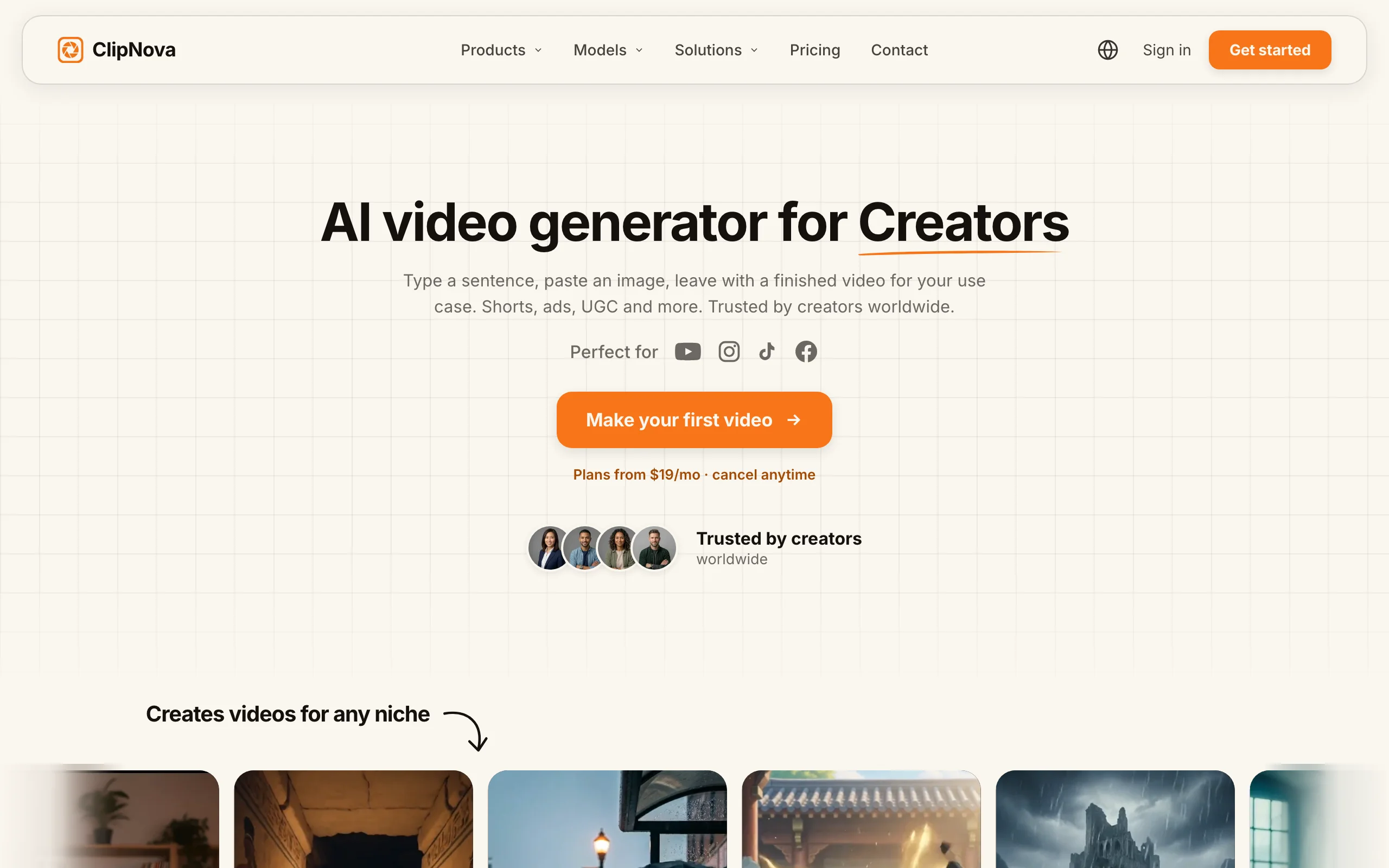 Best AI tools for faceless YouTube channels: ClipNova's AI video generator for creators page