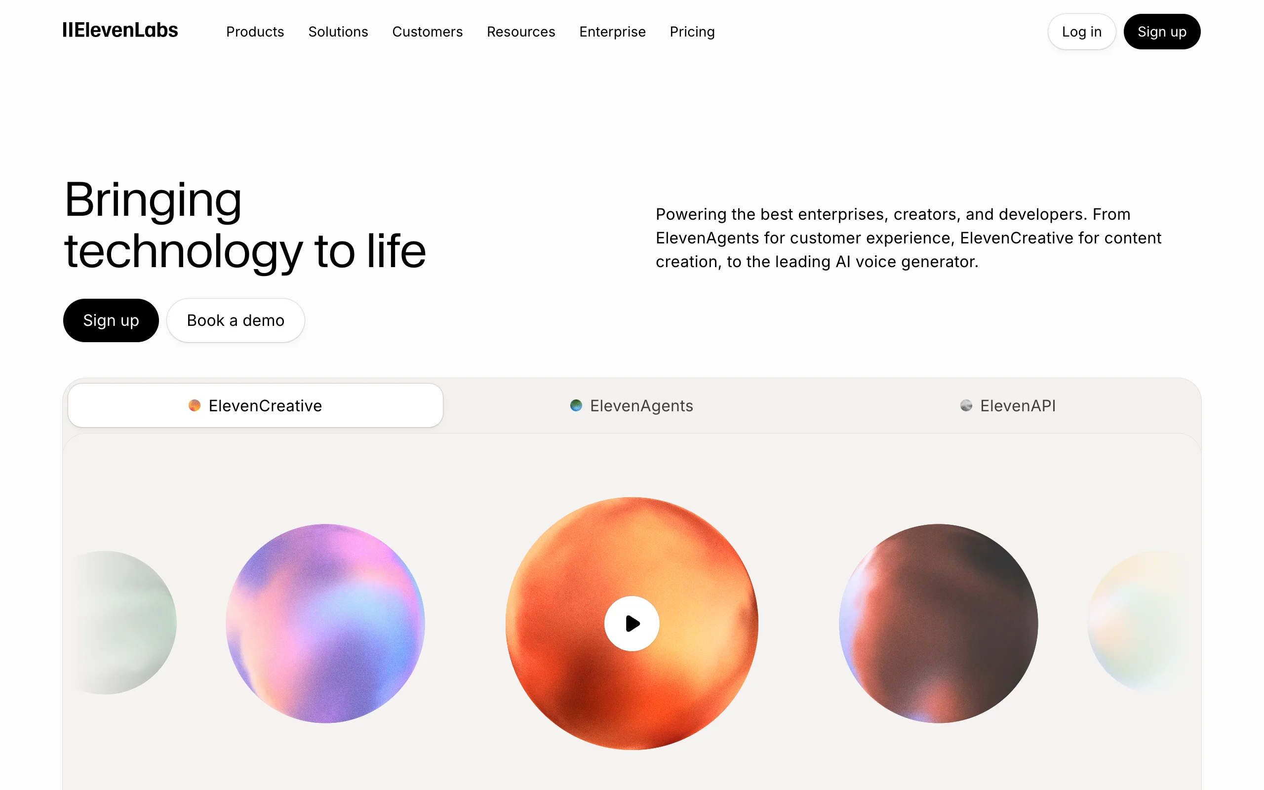 ElevenLabs homepage, an AI voice generator for faceless YouTube narration