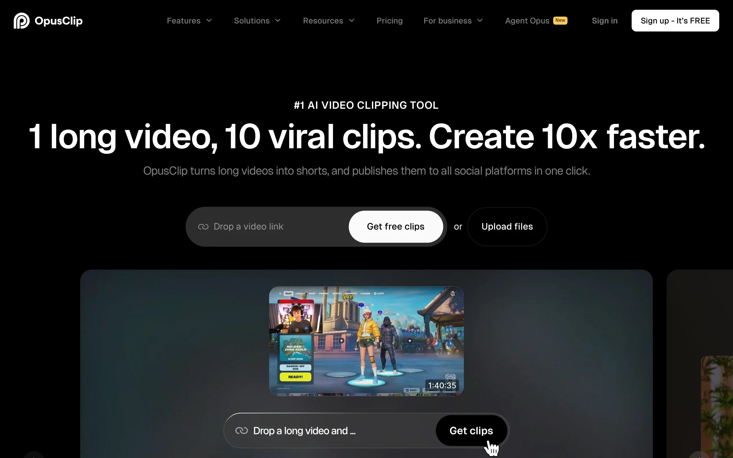 OpusClip homepage, a YouTube automation tool that cuts long videos into Shorts