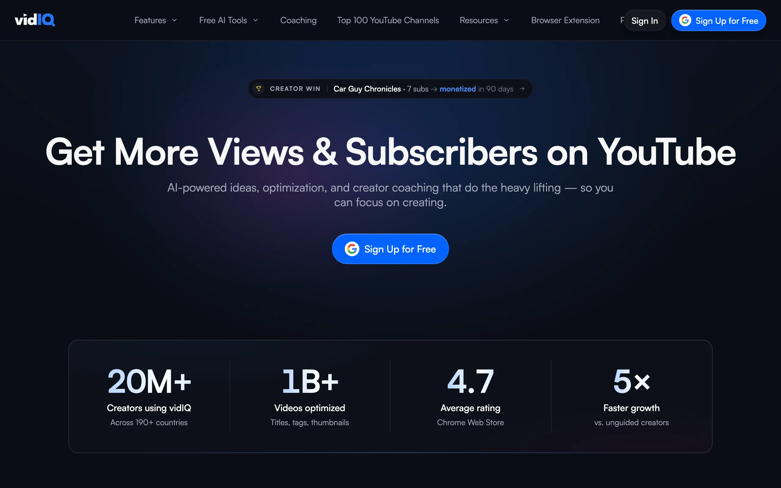 vidIQ homepage with creator stats, a YouTube research and growth tool