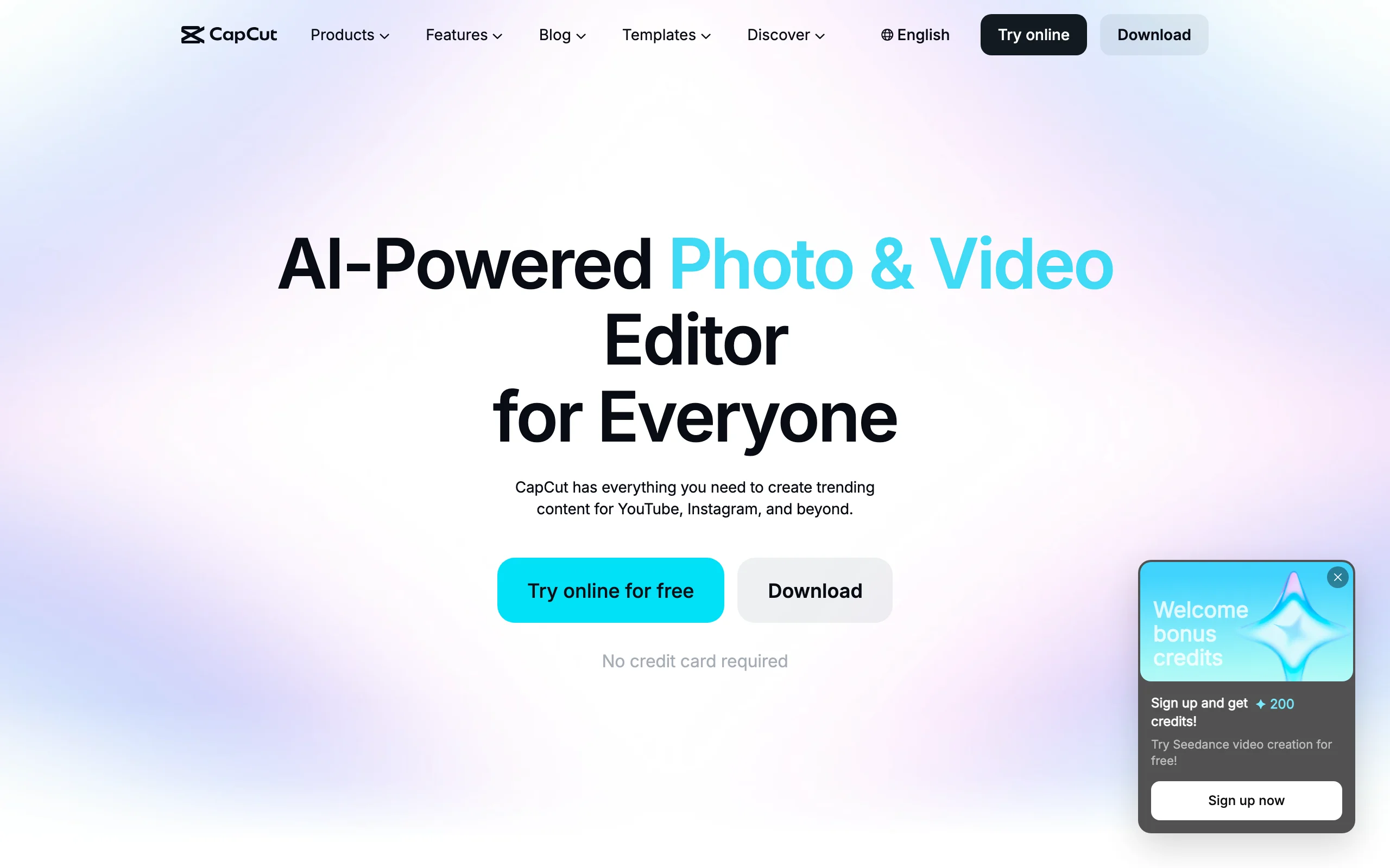 CapCut AI photo and video editor homepage for editing Instagram Reels