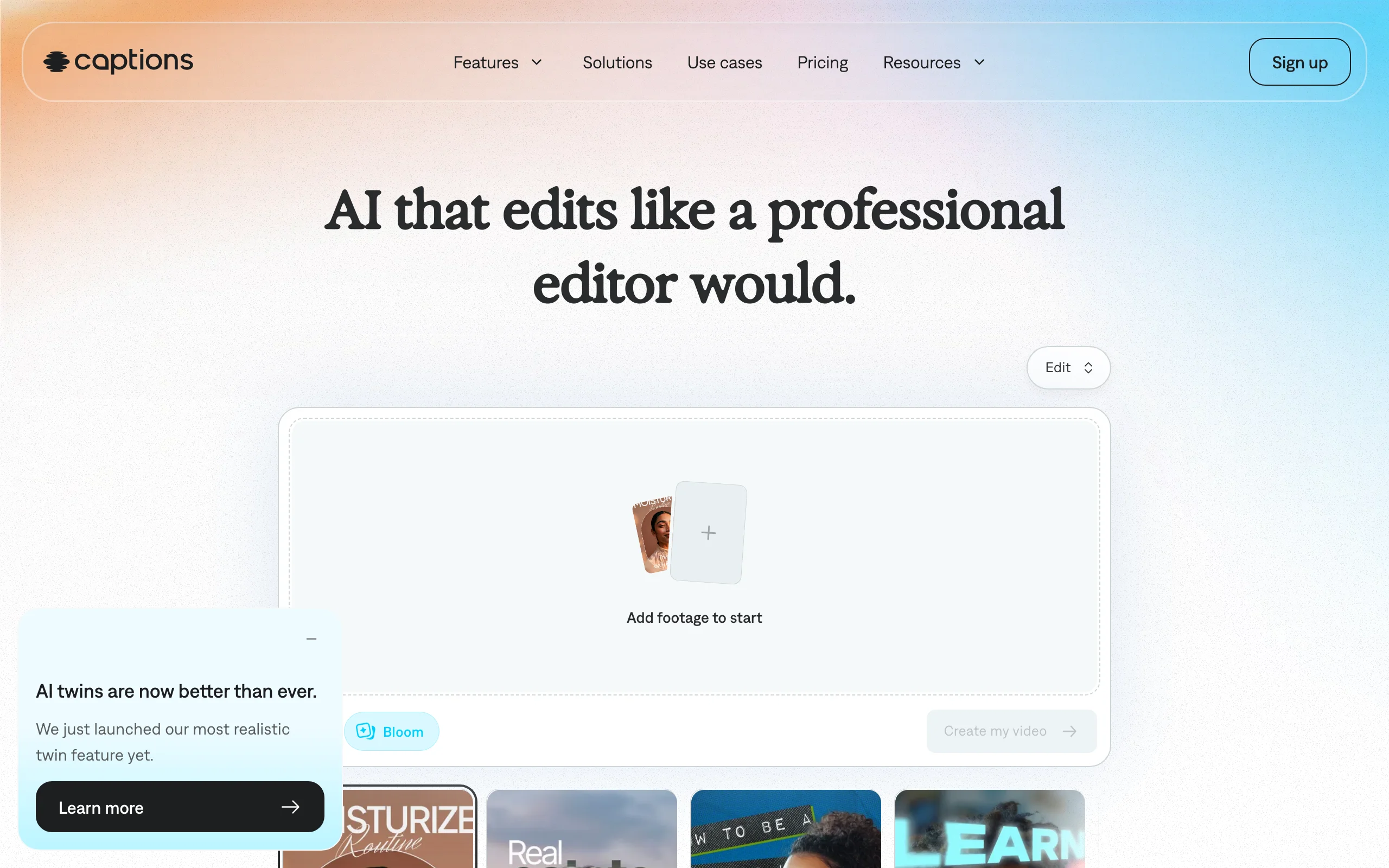 Captions AI video editor homepage with an upload area for talking-head footage