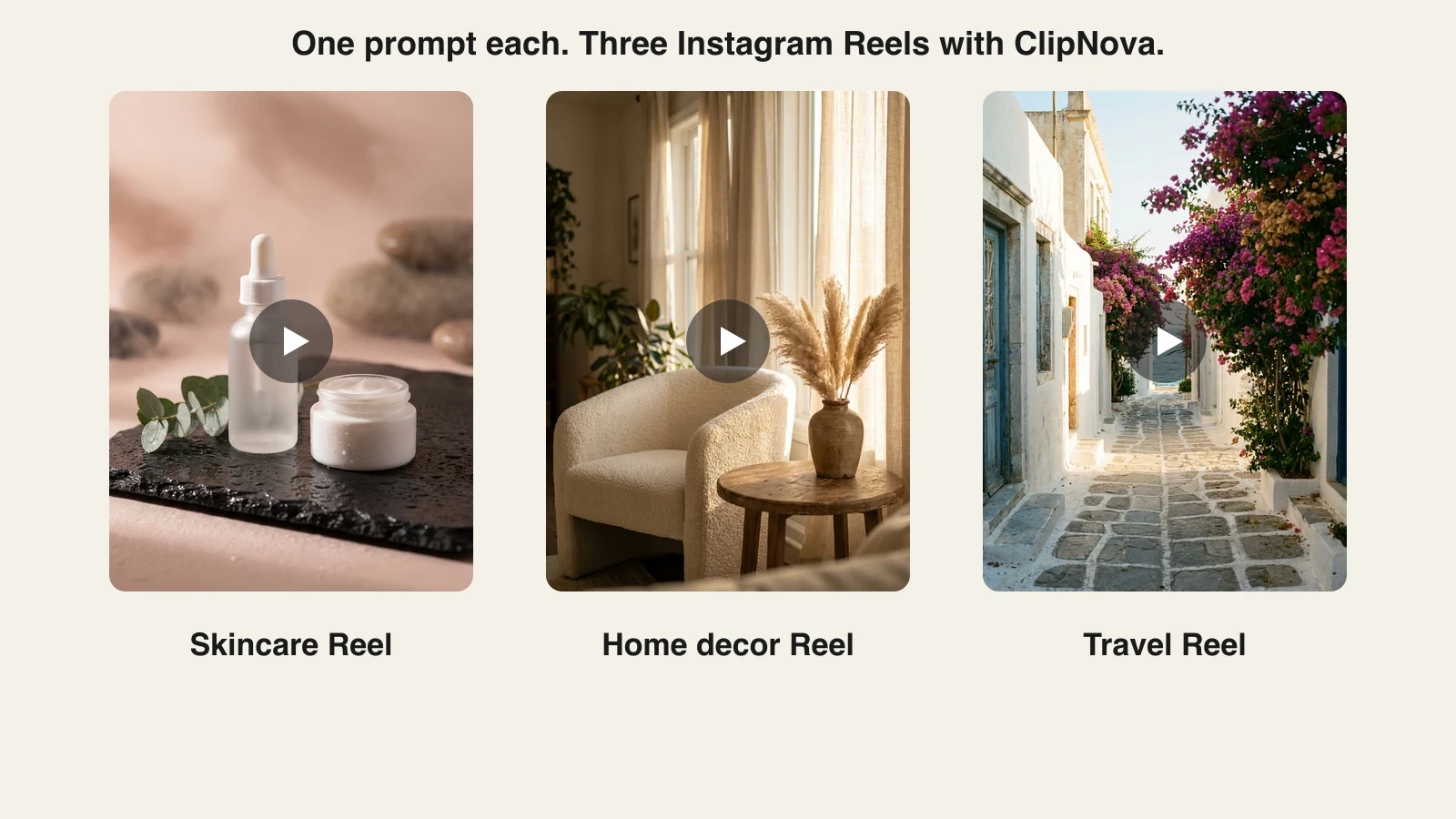 Three vertical Instagram Reels made with ClipNova AI from one prompt each: skincare, home decor and travel