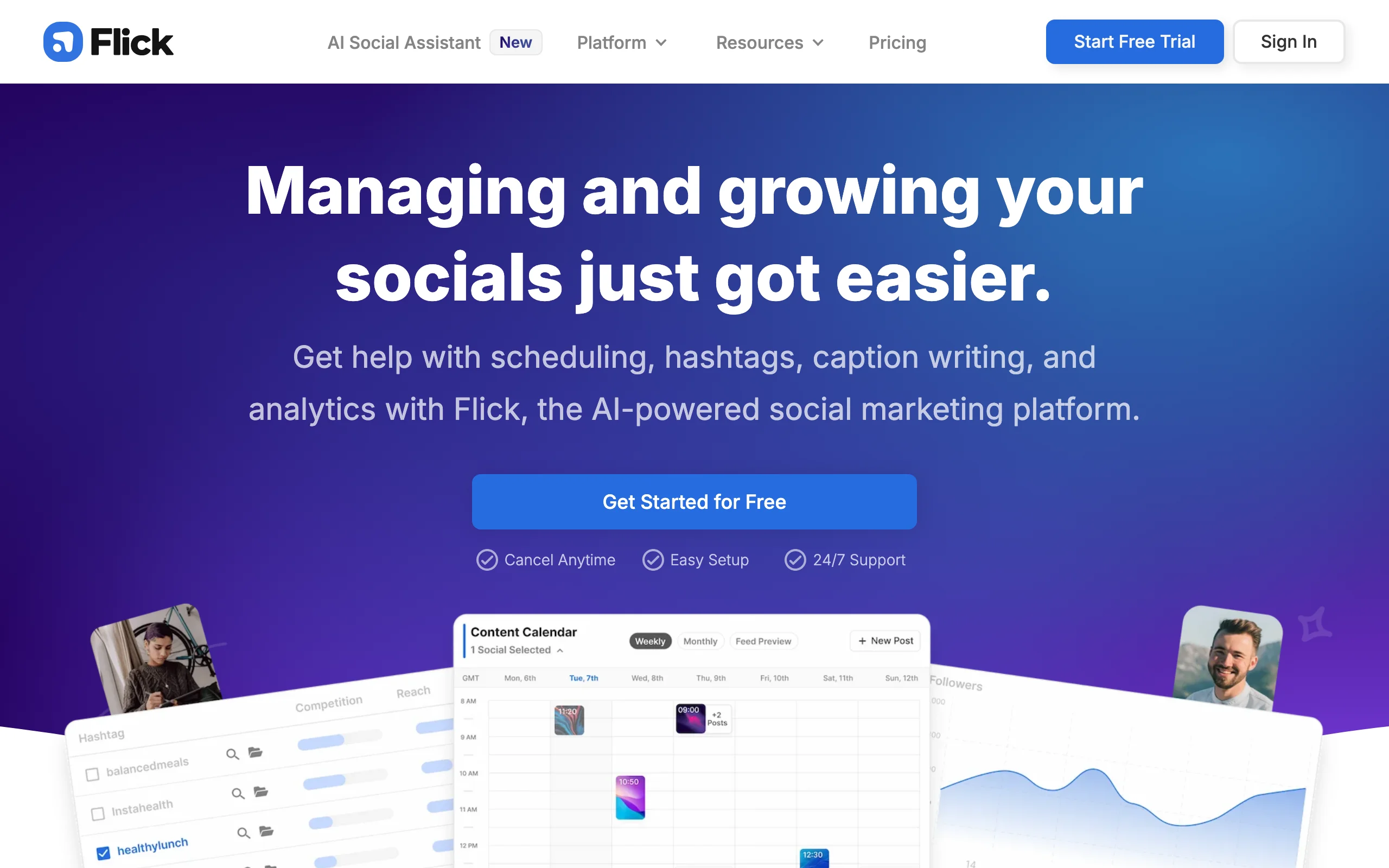 Flick homepage, an AI social marketing tool for hashtags, captions and analytics