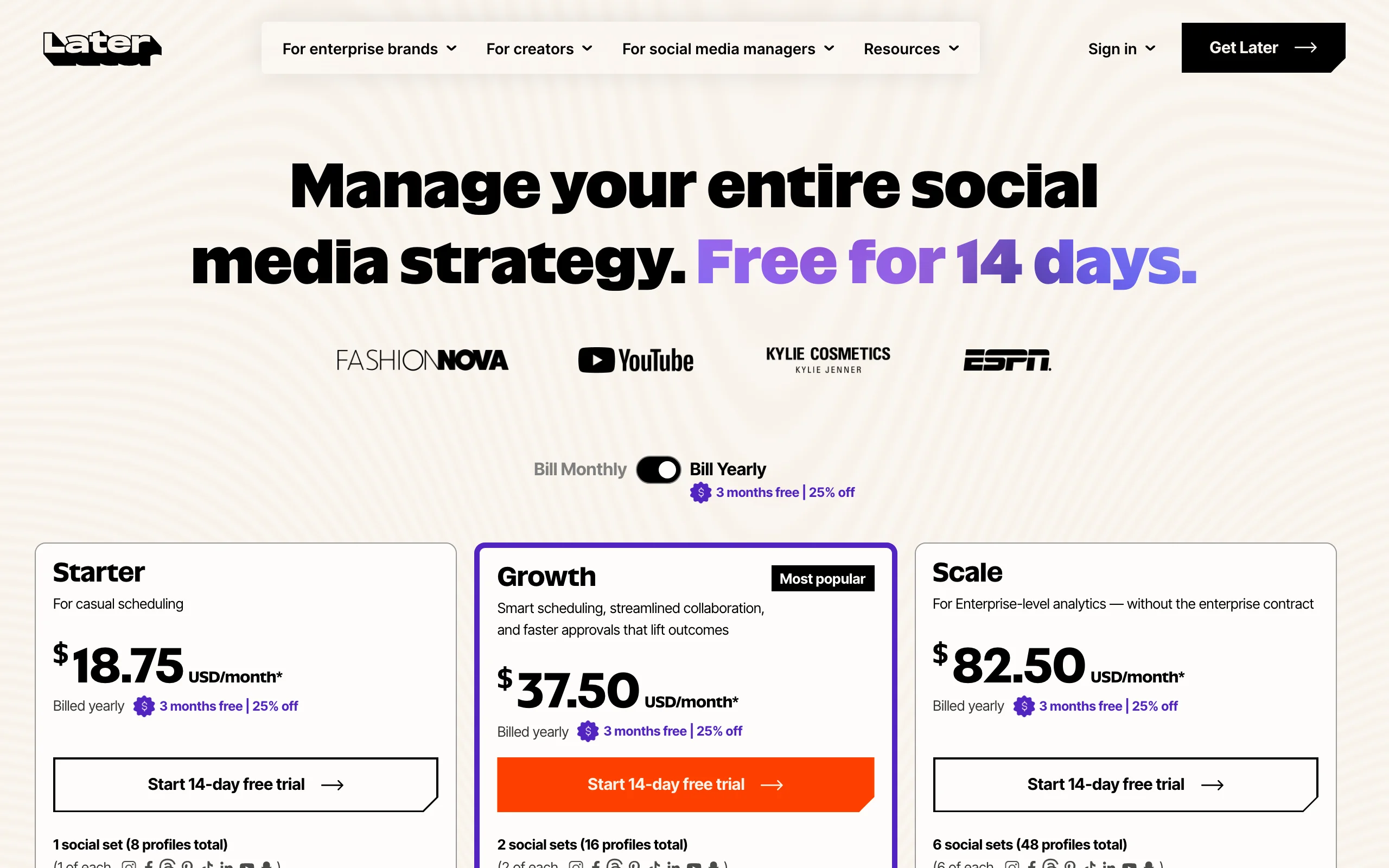 Later social media scheduler pricing with Starter, Growth and Scale plans