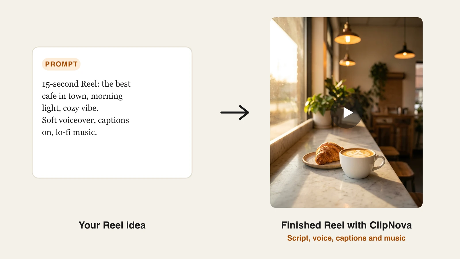 Best AI tools for Instagram content creation: a cozy cafe Reel prompt and the finished Reel made in ClipNova