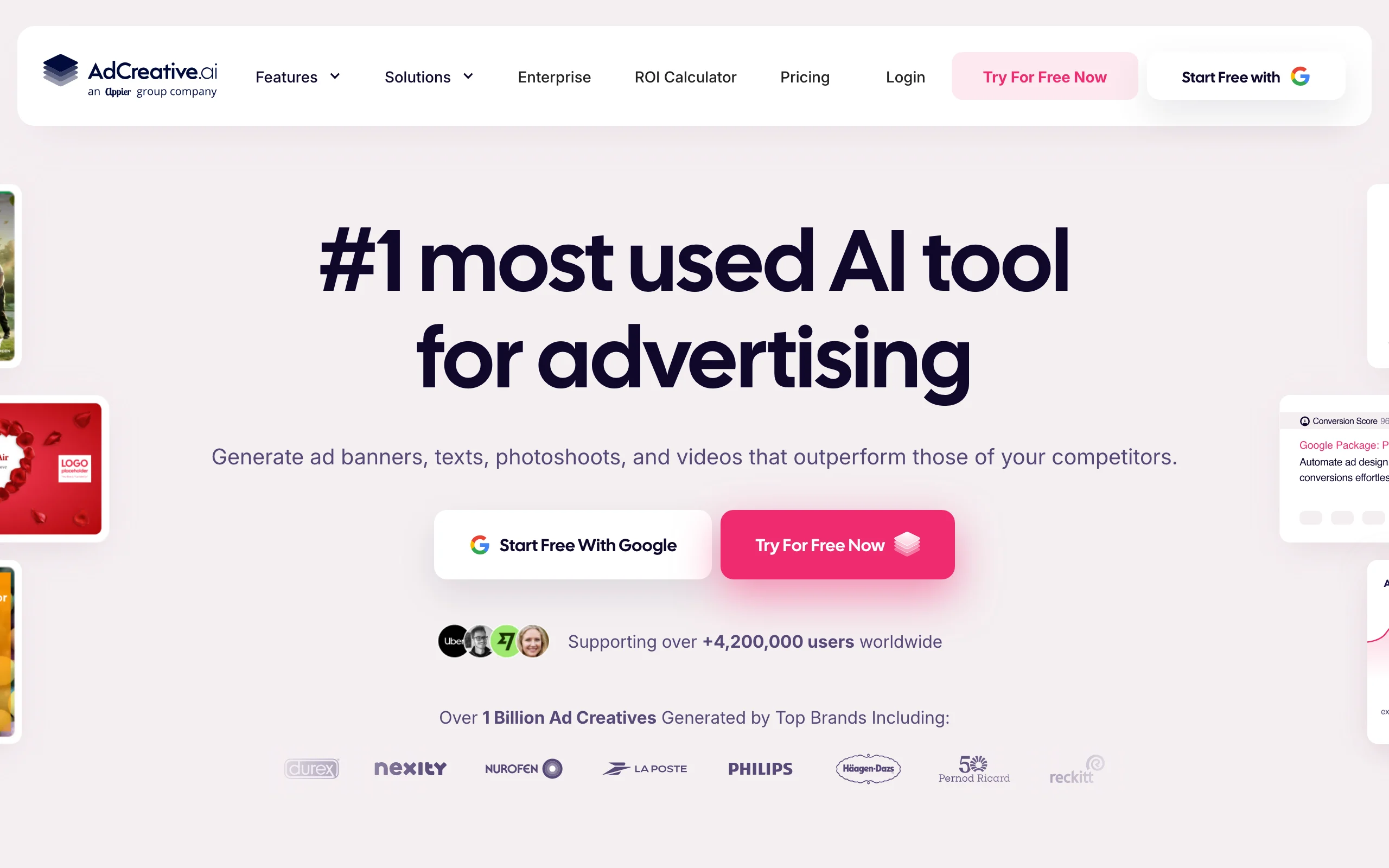 AdCreative.ai homepage, AI marketing software for ad banners, texts and photoshoots