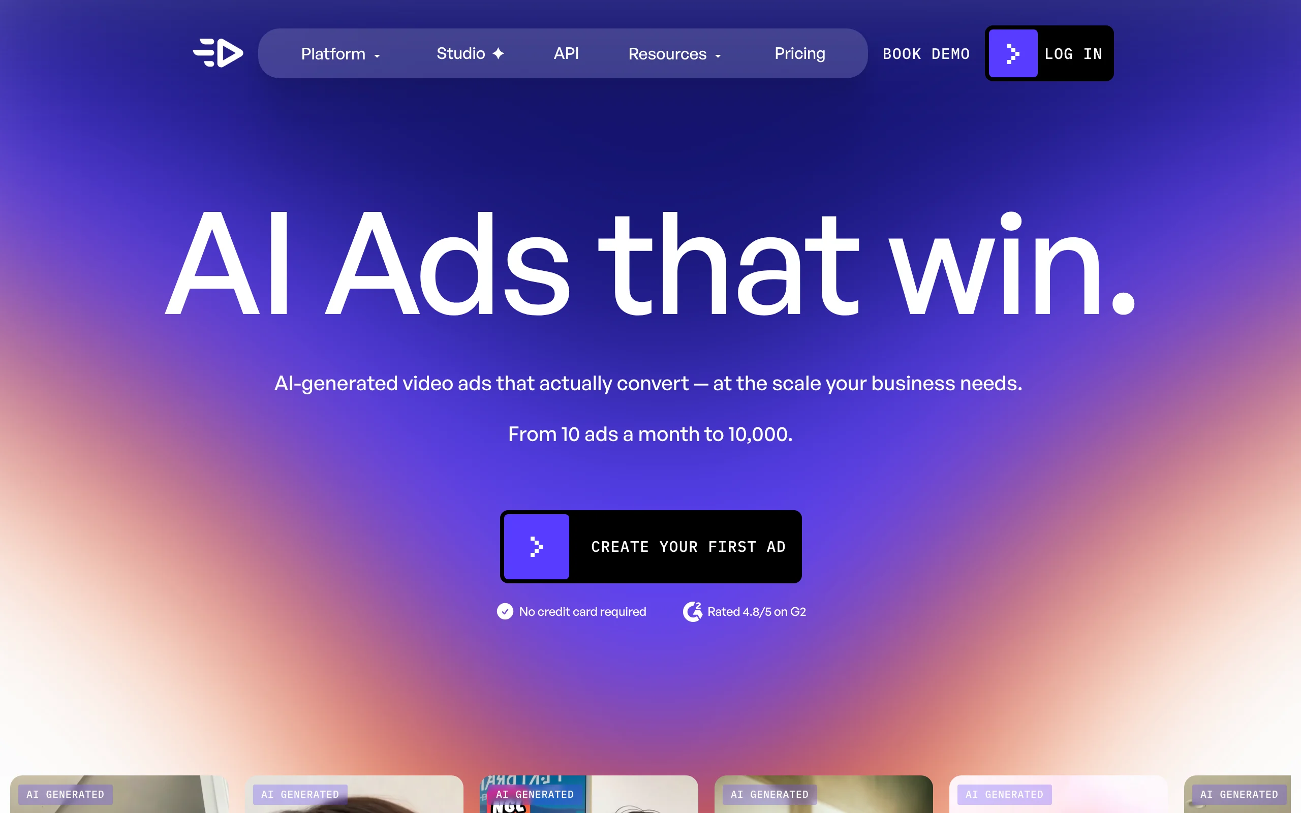 Creatify homepage promising AI ads that win, an AI ad creative tool for video ads