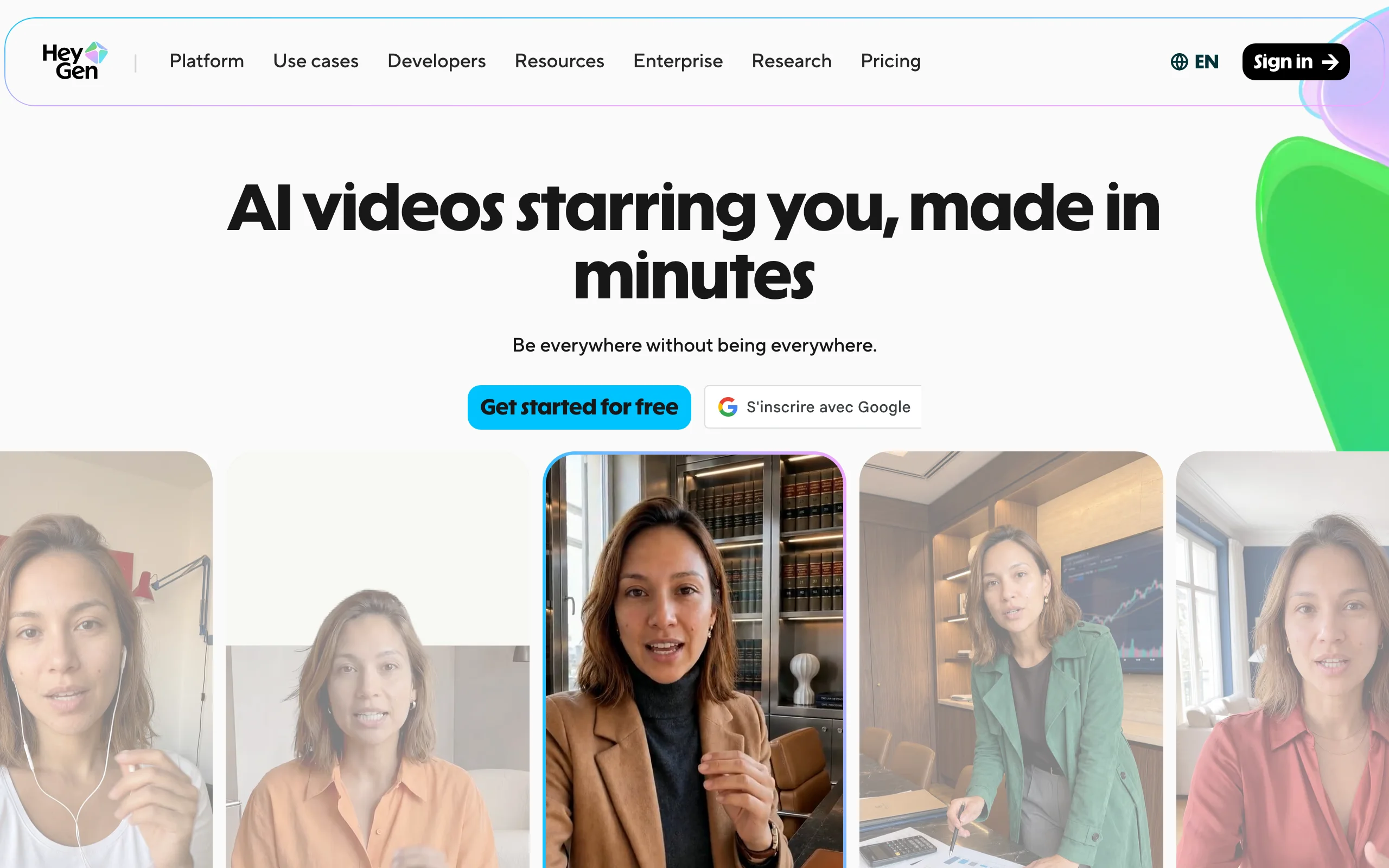 HeyGen homepage with AI avatar presenters for spokesperson marketing videos