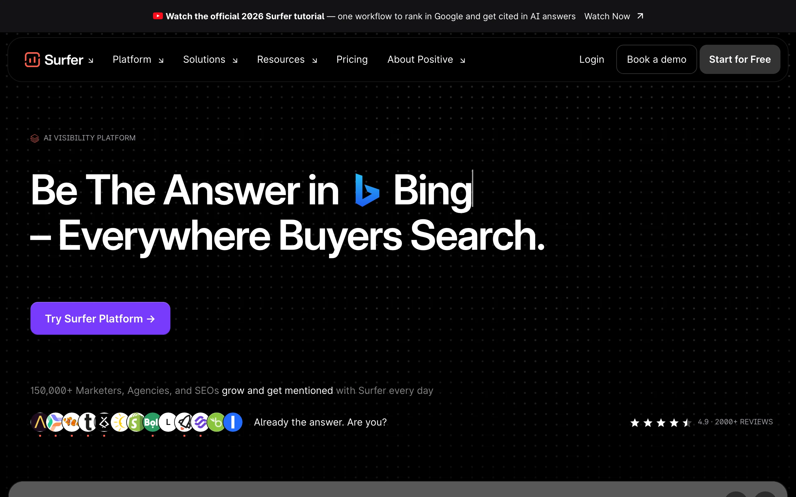 Surfer homepage, an AI SEO and search visibility platform for content marketers